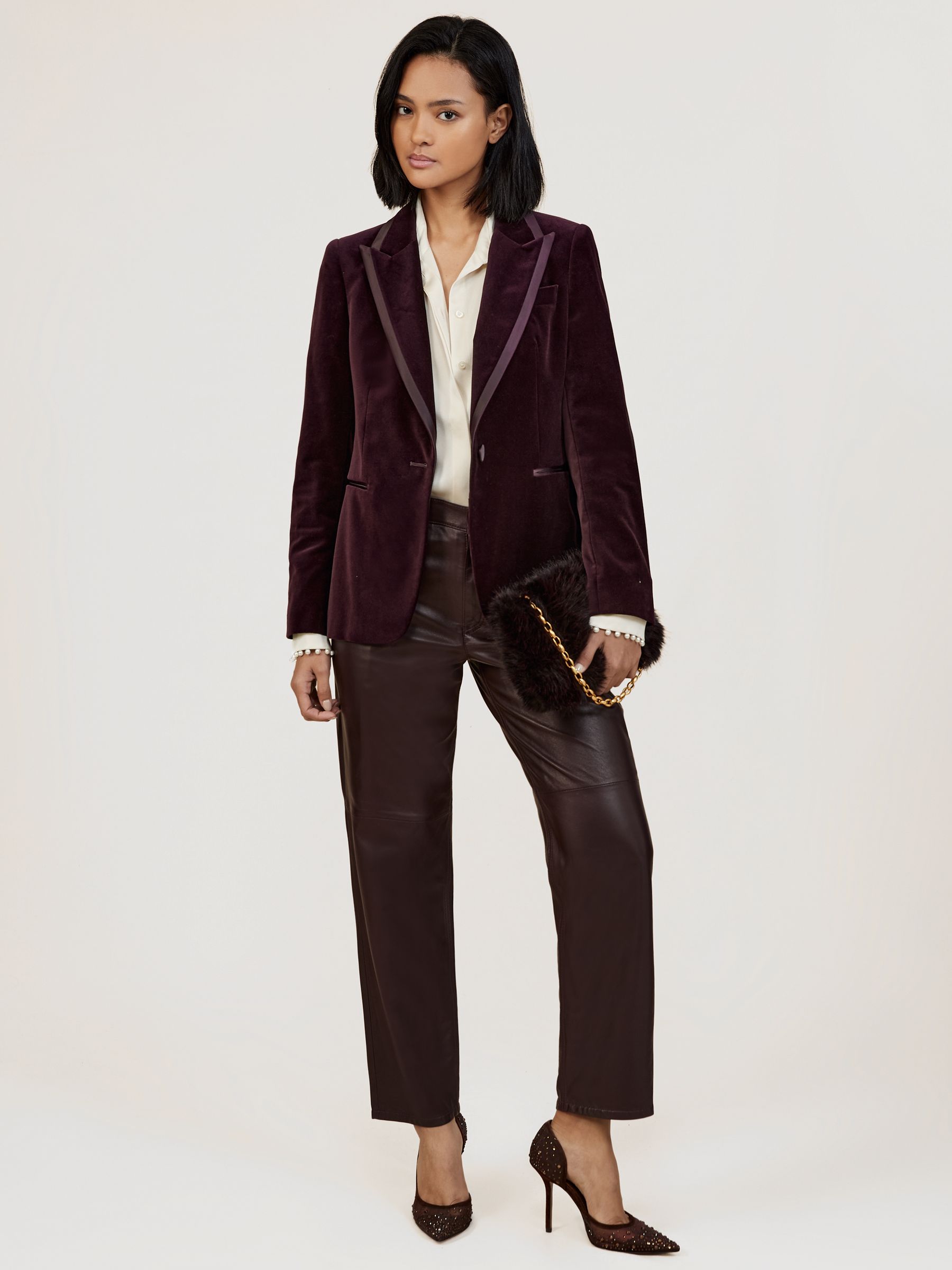 Petite Velvet Single-Breasted Suit Blazer in Burgundy - Image 1 of 7
