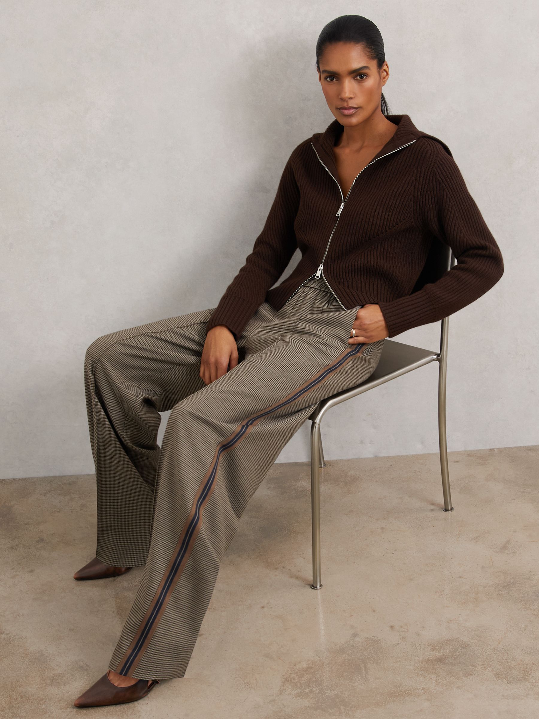 Petite Side-Stripe Wide-Leg Check Trousers in Neutral Check - Image 1 of 7
