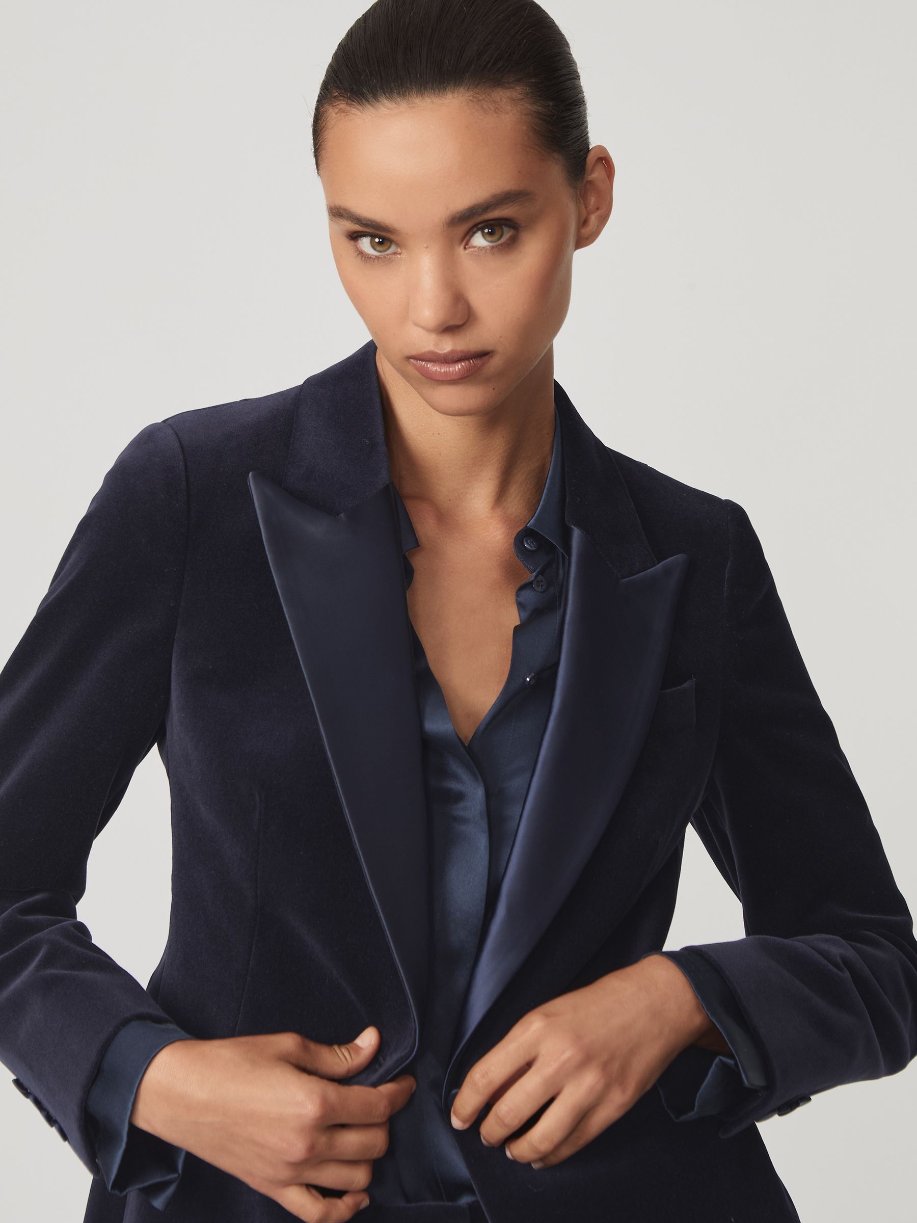 Velvet Single-Breasted Tuxedo Blazer in Navy - image 3