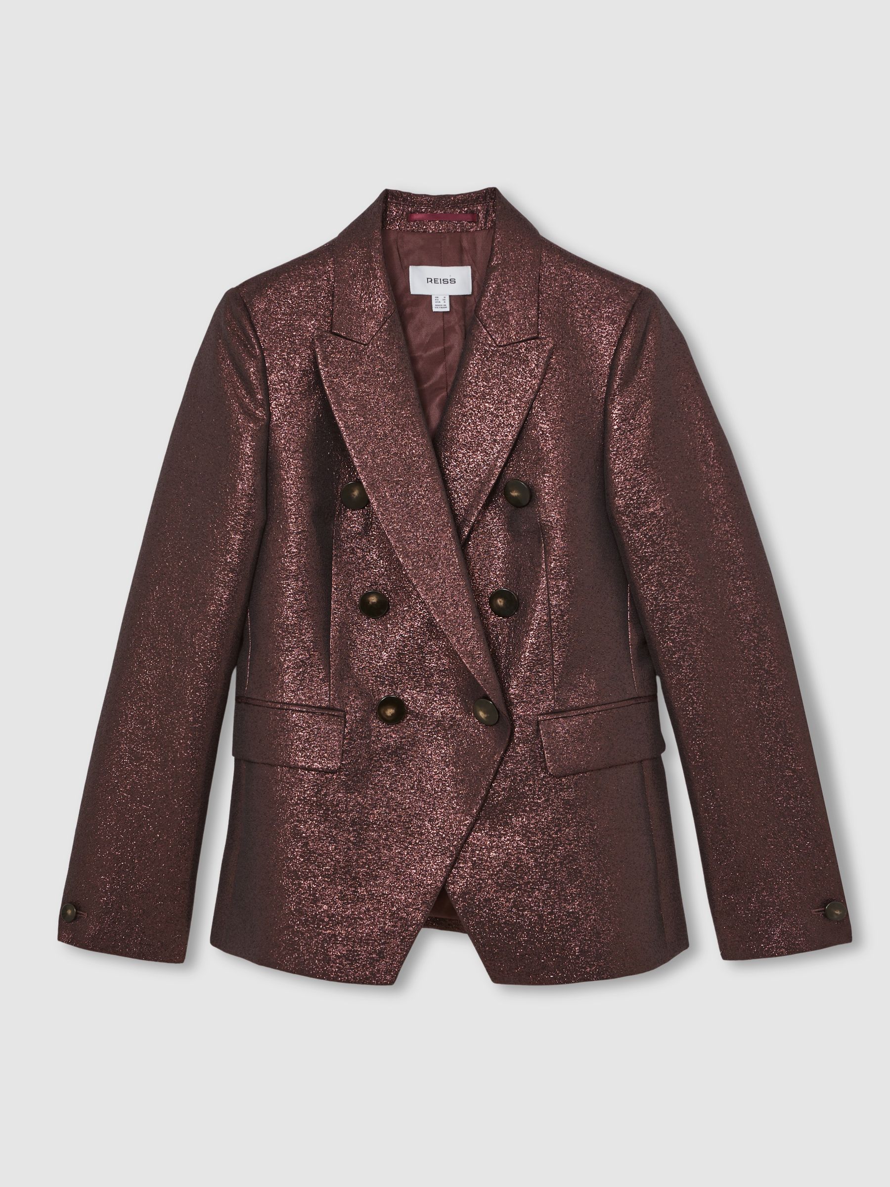 Petite Double-Breasted Metallic Suit Blazer with Cotton in Burgundy - Image 2 of 8