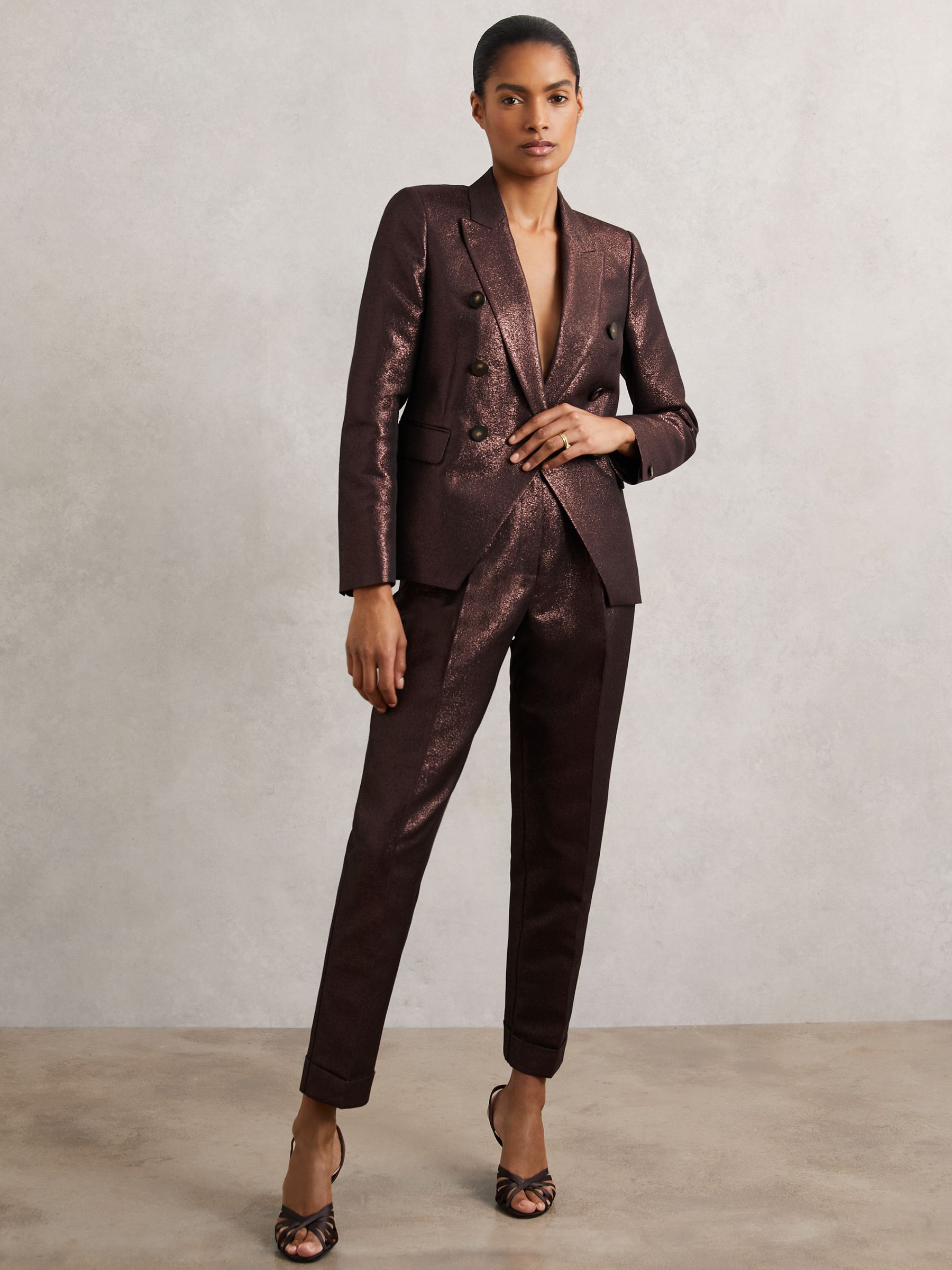 Petite Double-Breasted Metallic Suit Blazer with Cotton in Burgundy - Image 3 of 8