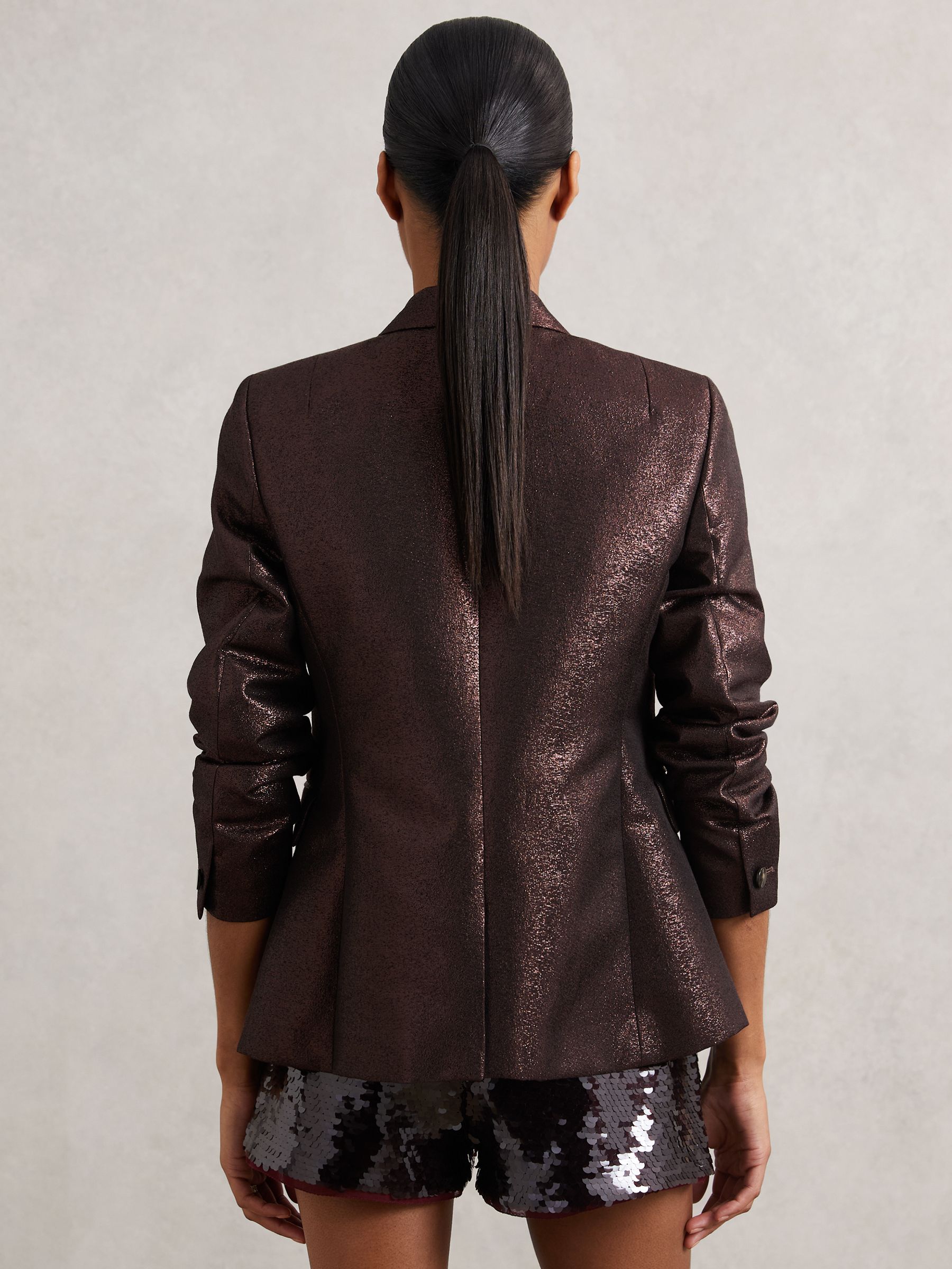 Petite Double-Breasted Metallic Suit Blazer with Cotton in Burgundy - Image 6 of 8