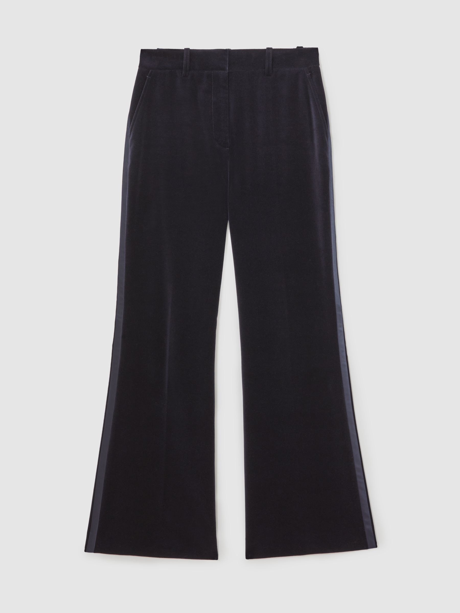 Velvet Satin-Stripe Flared Trousers in Navy - Image 2 of 7
