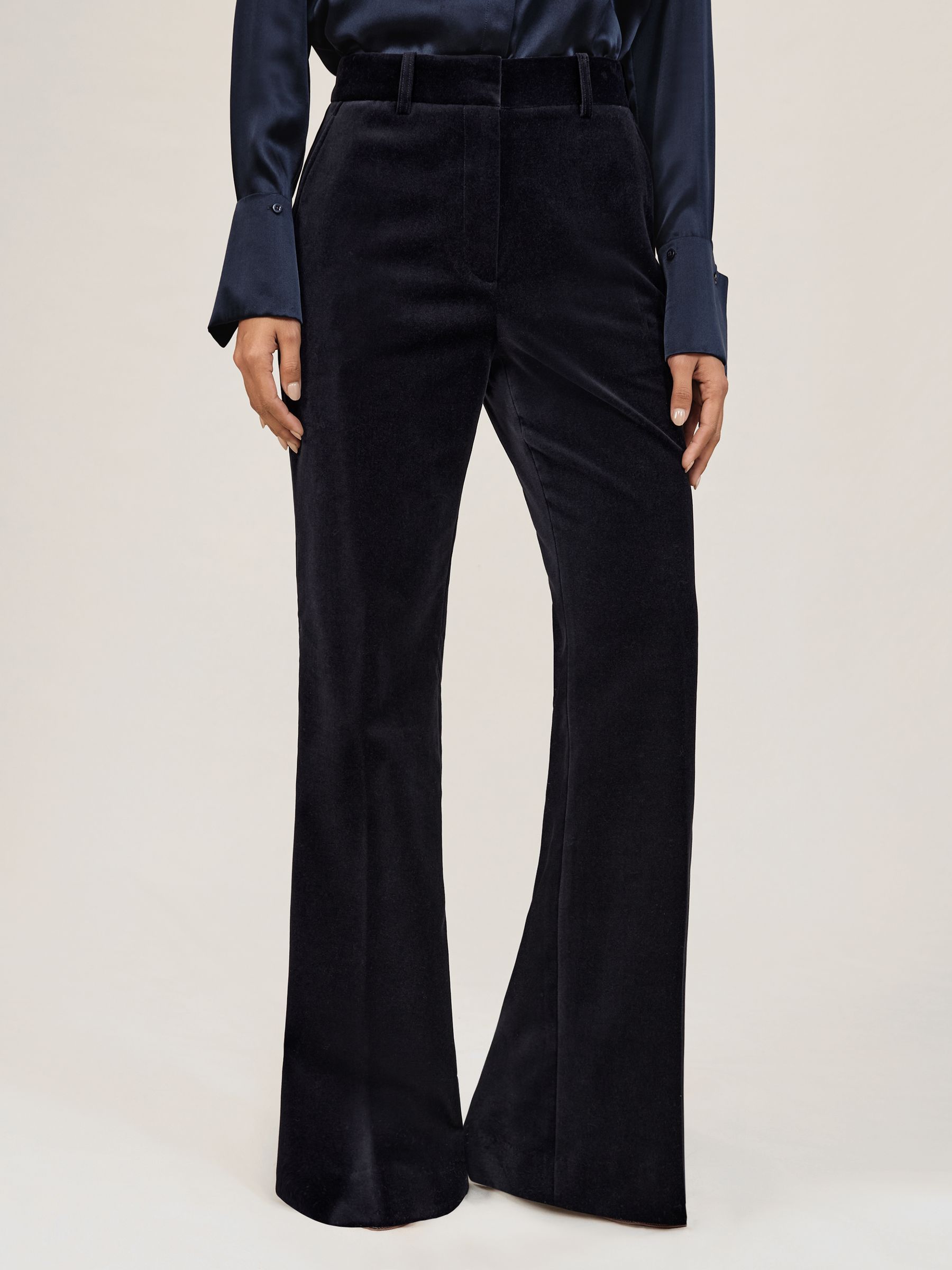 Velvet Satin-Stripe Flared Trousers in Navy - Image 4 of 7