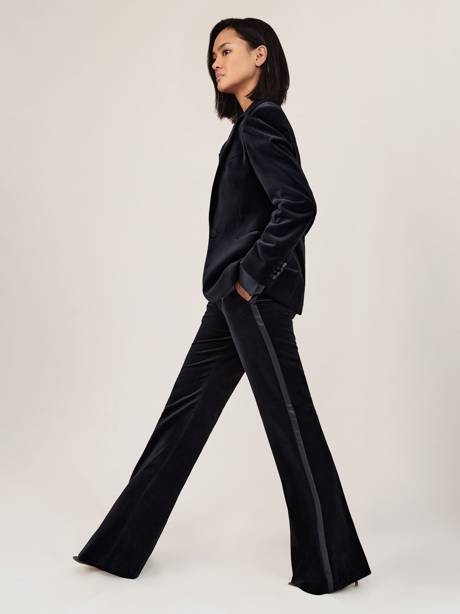 Velvet Satin-Stripe Flared Trousers in Navy - Image 5 of 7