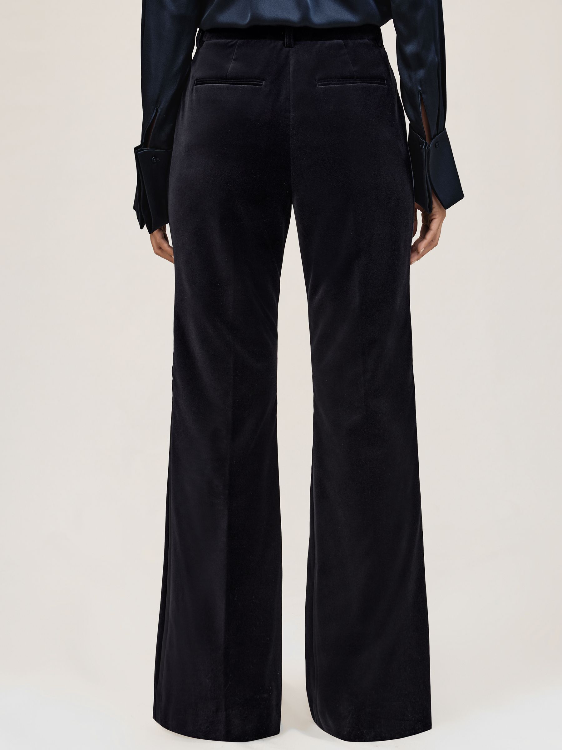 Velvet Satin-Stripe Flared Trousers in Navy - Image 6 of 7