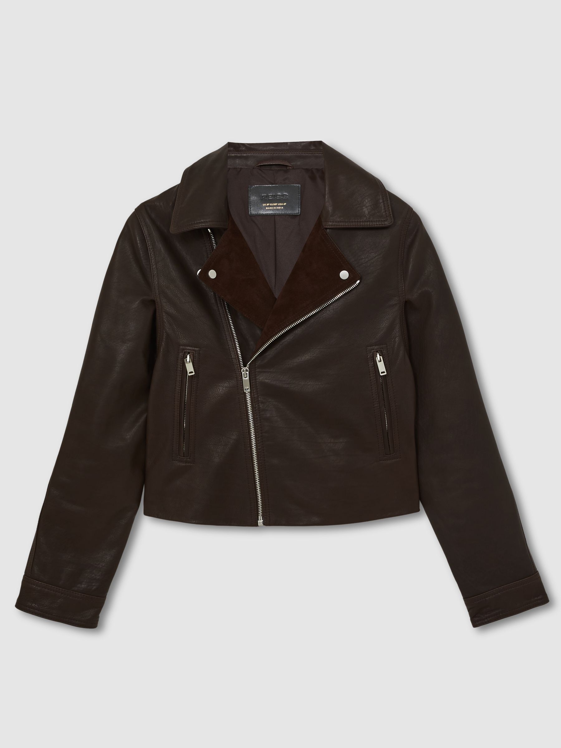 Suede-Lapel Leather Biker Jacket in Chocolate Brown - Image 2 of 7