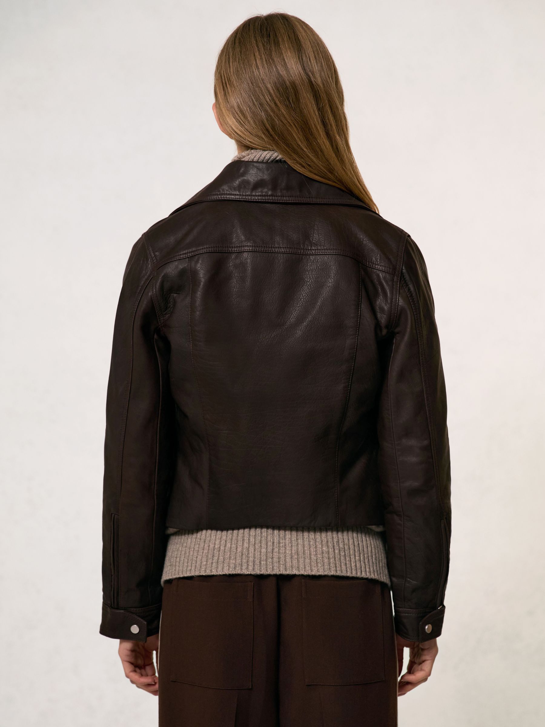 Suede-Lapel Leather Biker Jacket in Chocolate Brown - Image 5 of 7