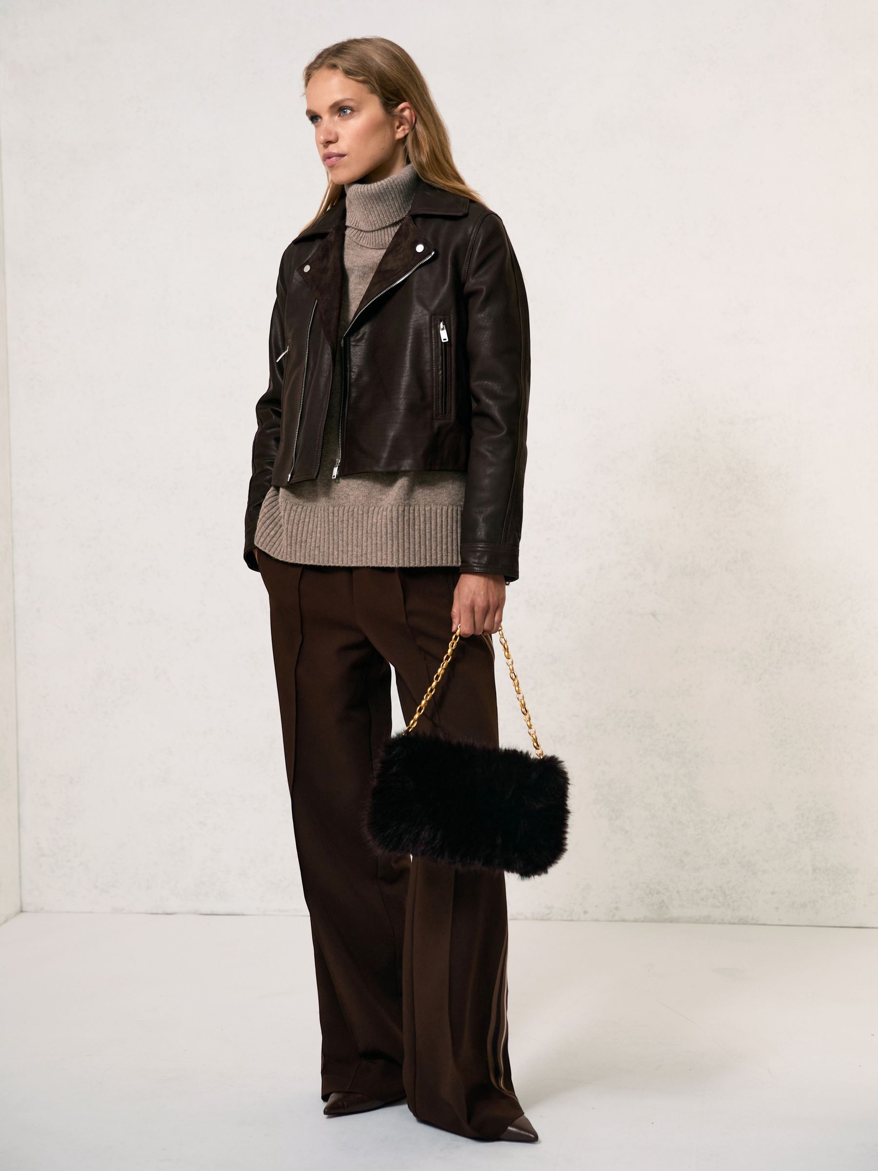 Suede-Lapel Leather Biker Jacket in Chocolate Brown - Image 6 of 7