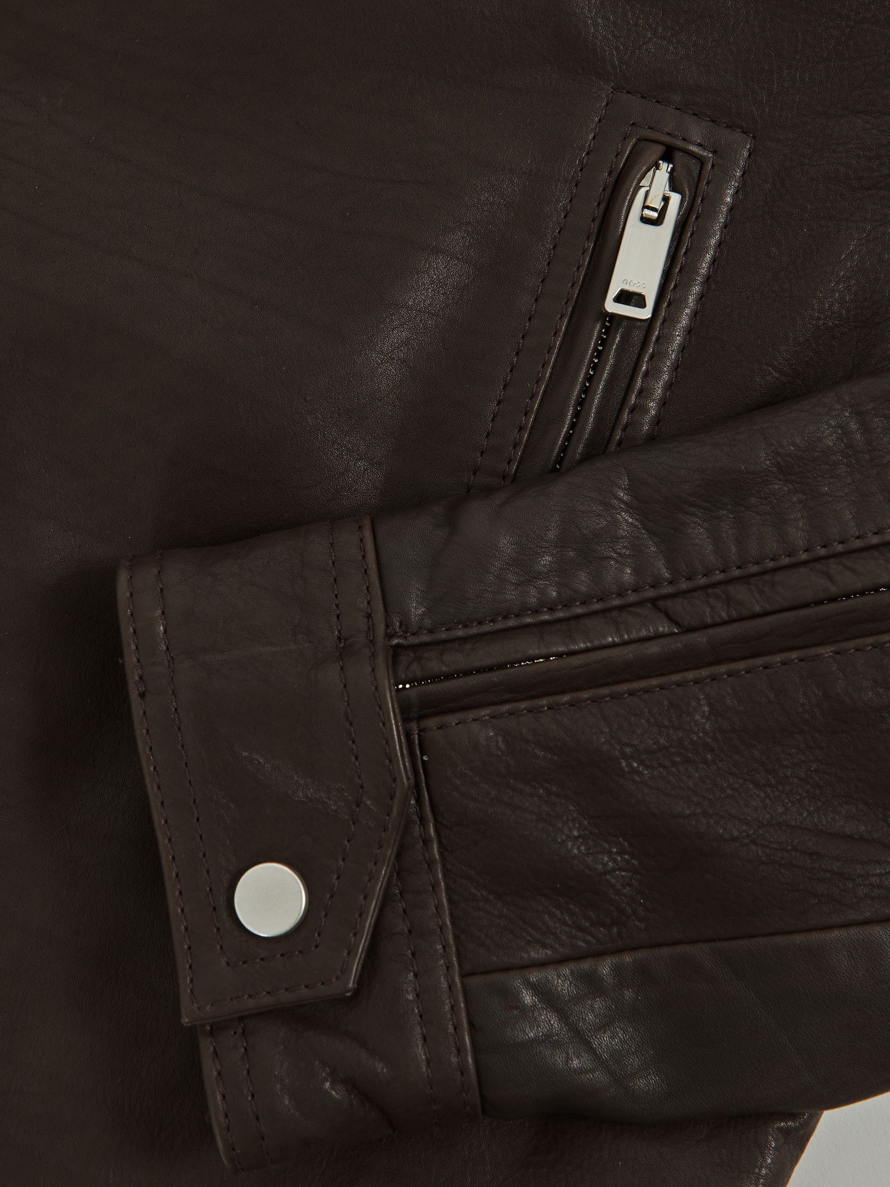 Suede-Lapel Leather Biker Jacket in Chocolate Brown - Image 7 of 7