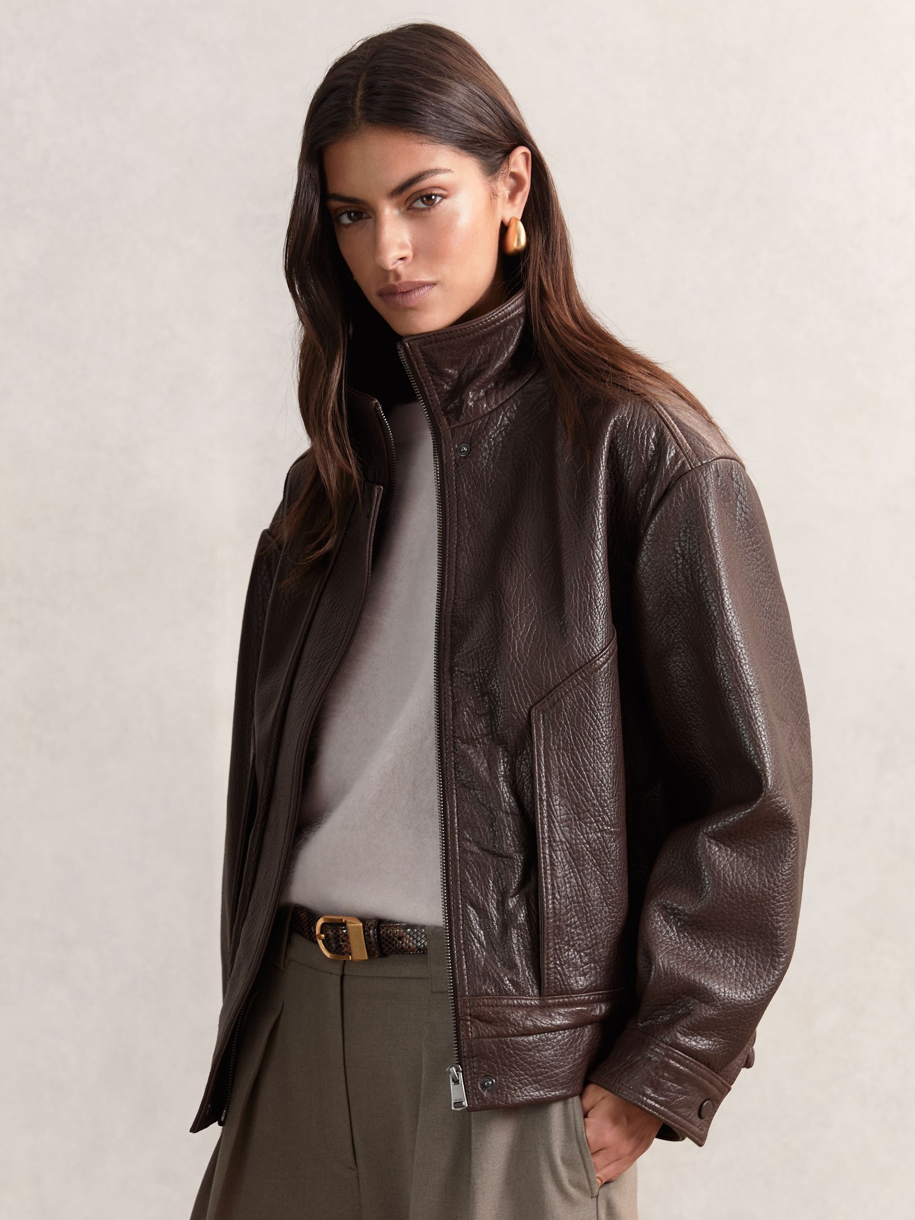 Oversize Grained-Leather Bomber Jacket in Burgundy - image 3