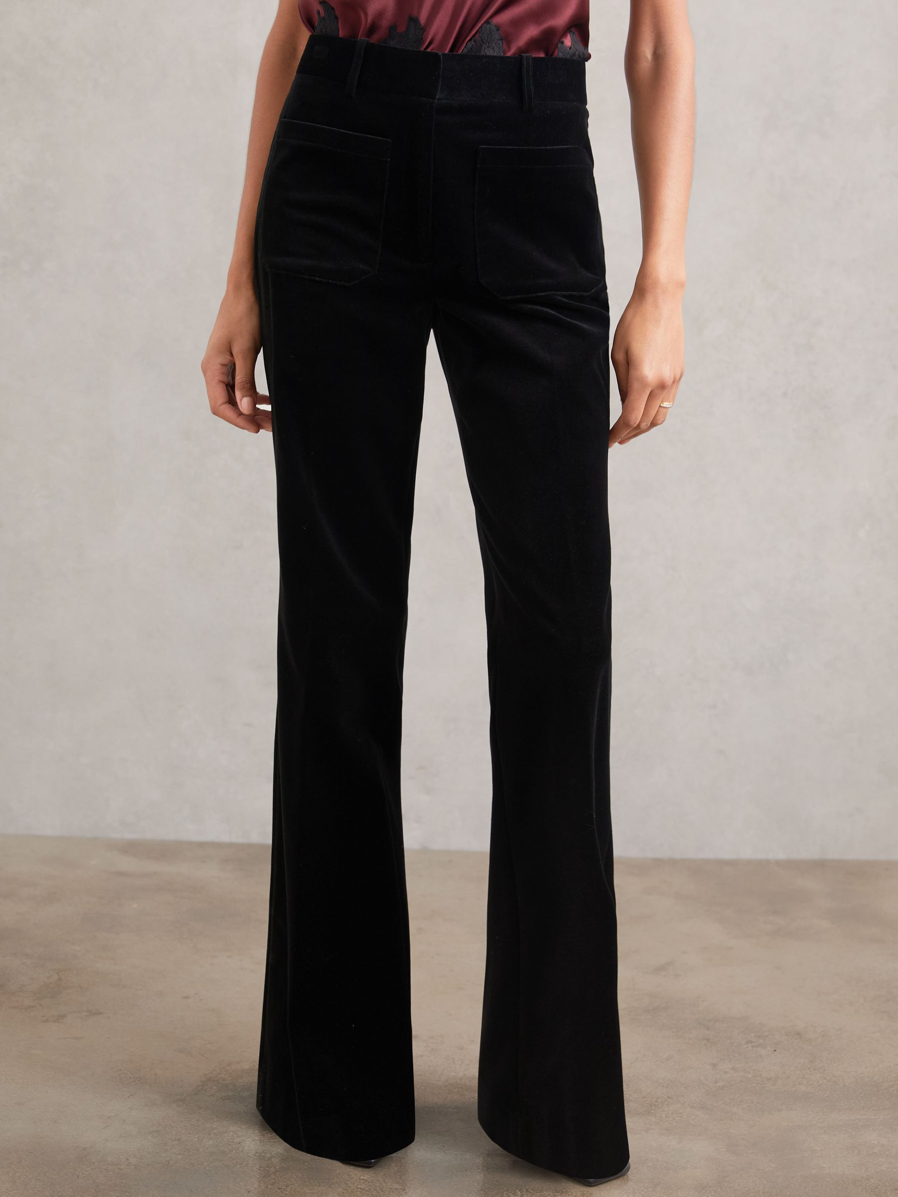Petite Velvet Flared Trousers in Black - Image 4 of 8