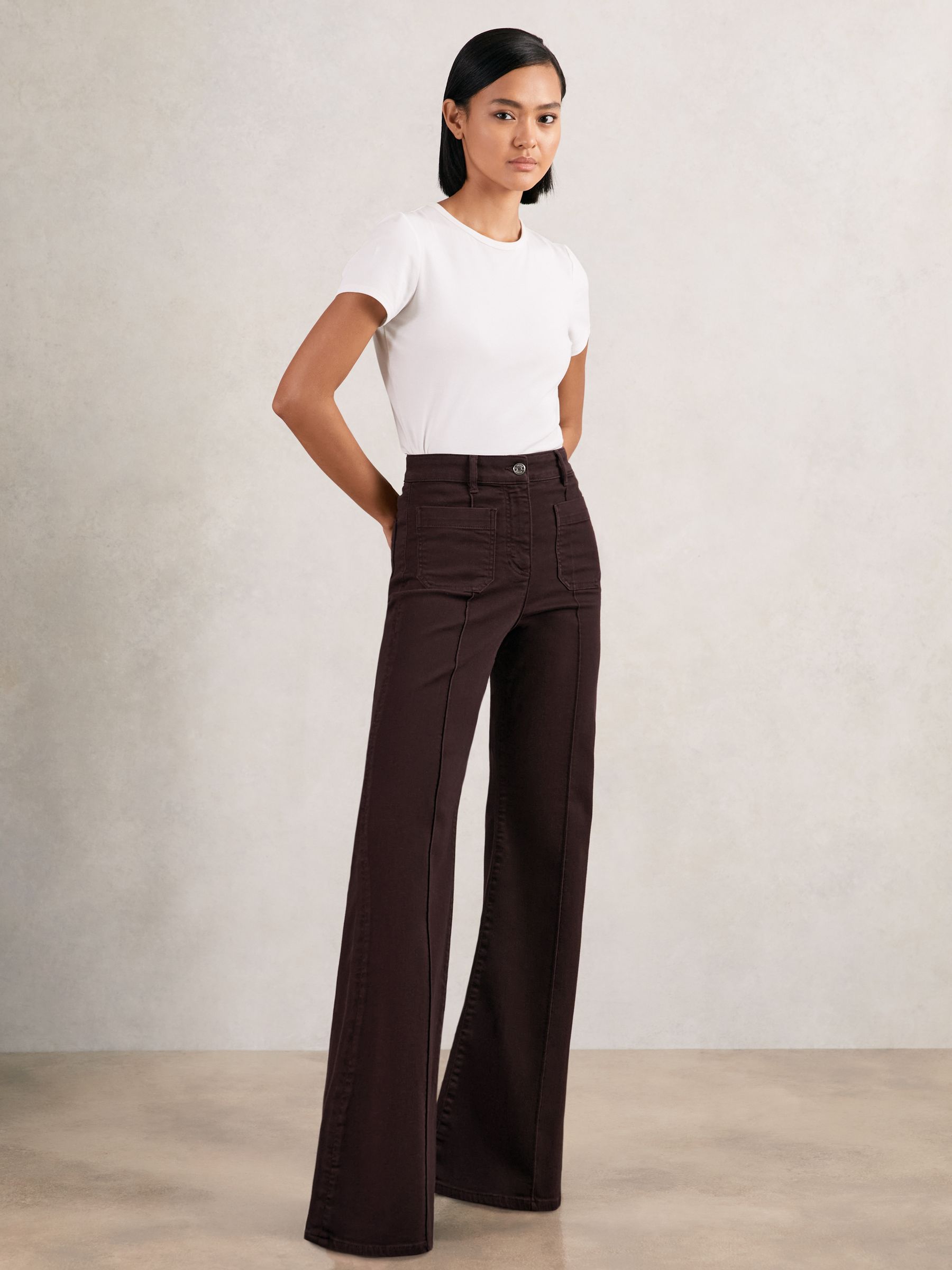 Patch-Pocket Flared Jeans in Burgundy - Image 1 of 6