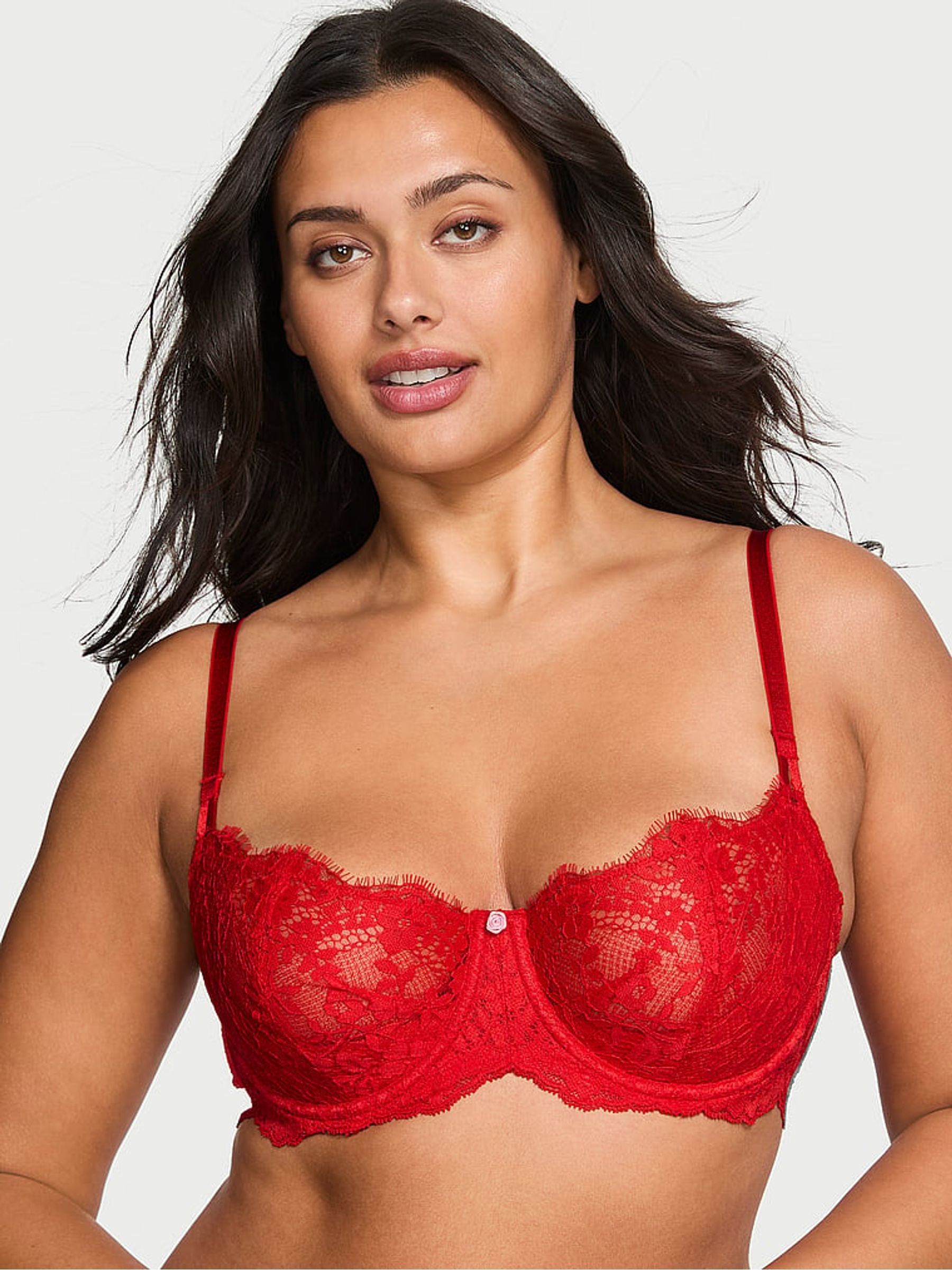 Bright Vermillion Red Unlined Balcony Lace Bra - Image 1 of 2