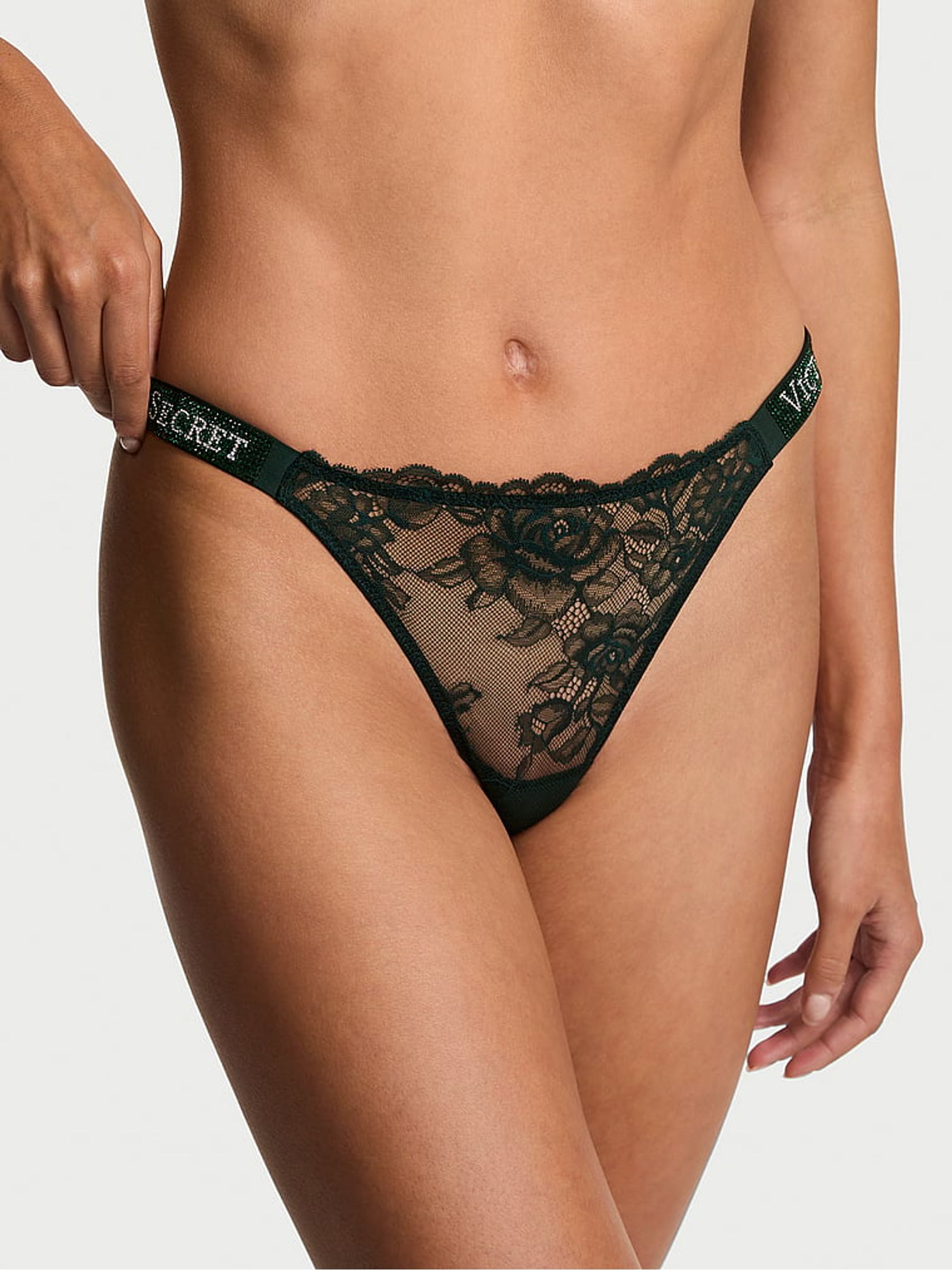 Cilantro Green Thong Shine Strap Lace Knickers - Image 1 of 2