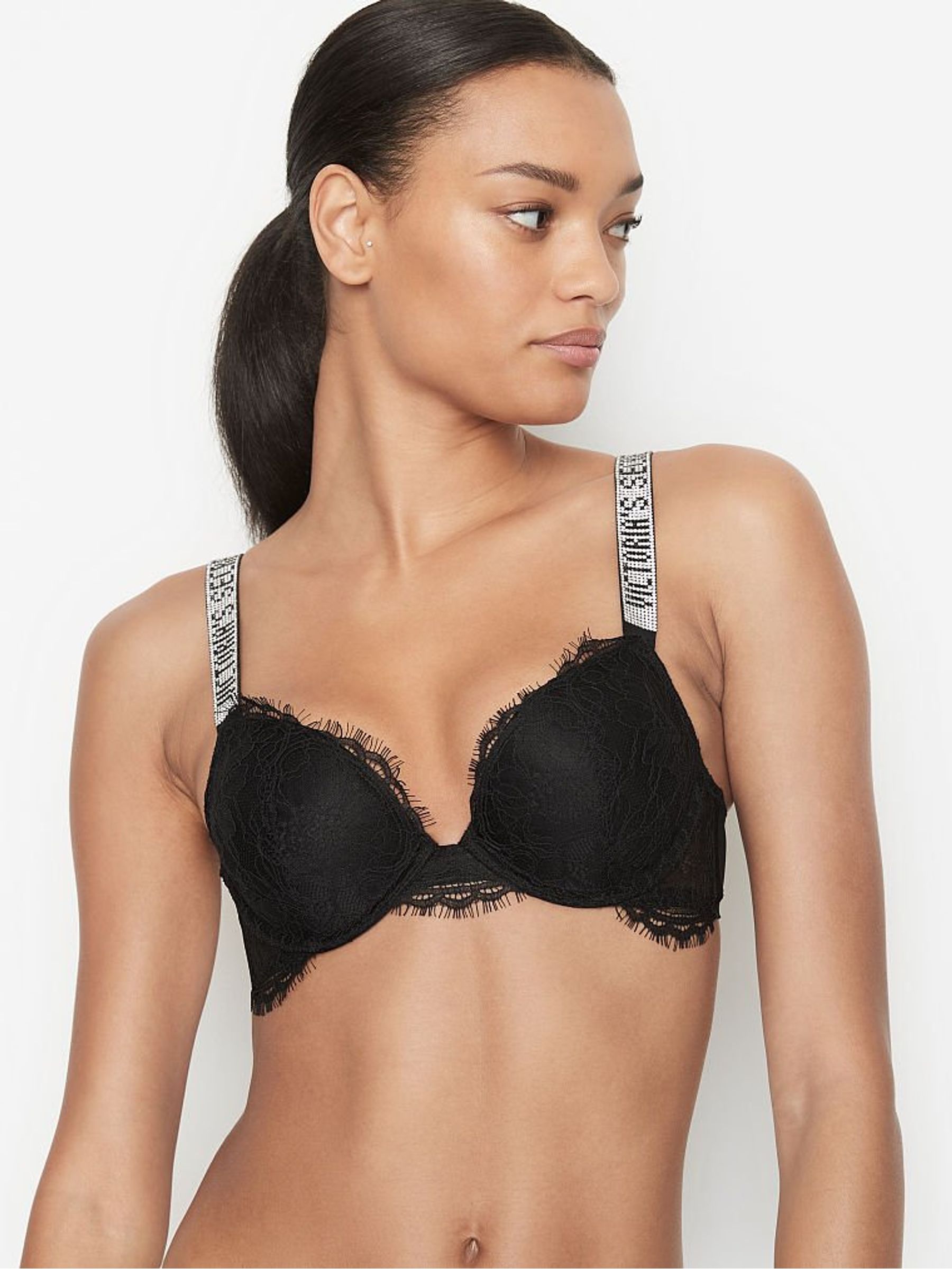 Black Push Up Shine Strap Lace Bra - Image 3 of 5
