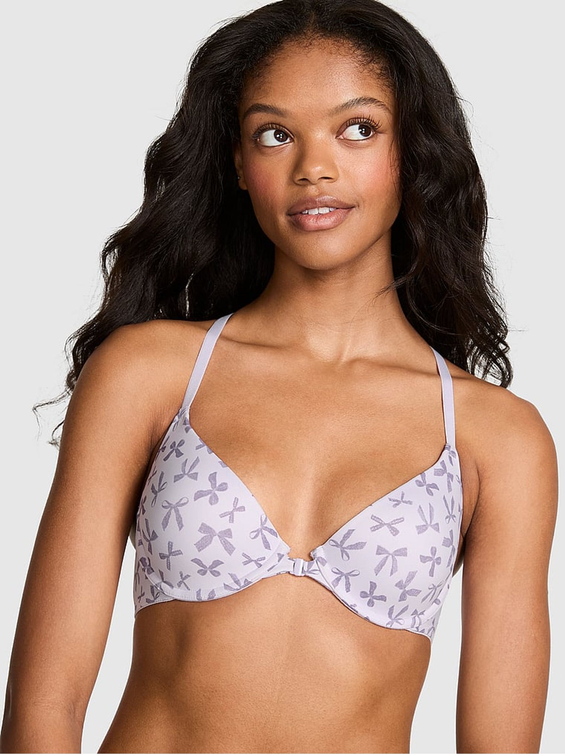 Purple Bow Print Front-Close Lightly Lined T-Shirt Bra - Image 1 of 2