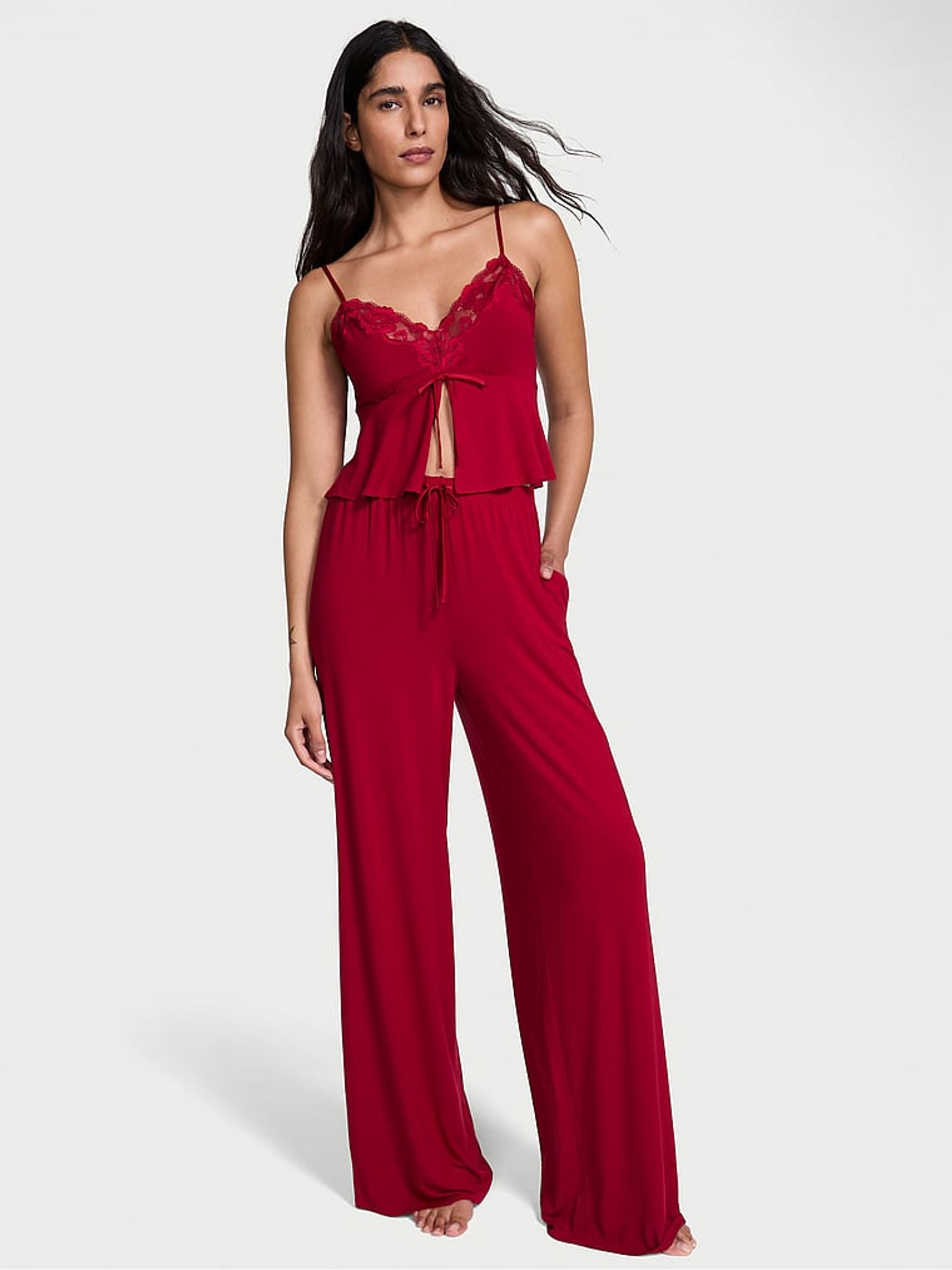 Red Lacquer Modal Lace Trim Cami & Wide Leg Trousers Set - Image 1 of 2