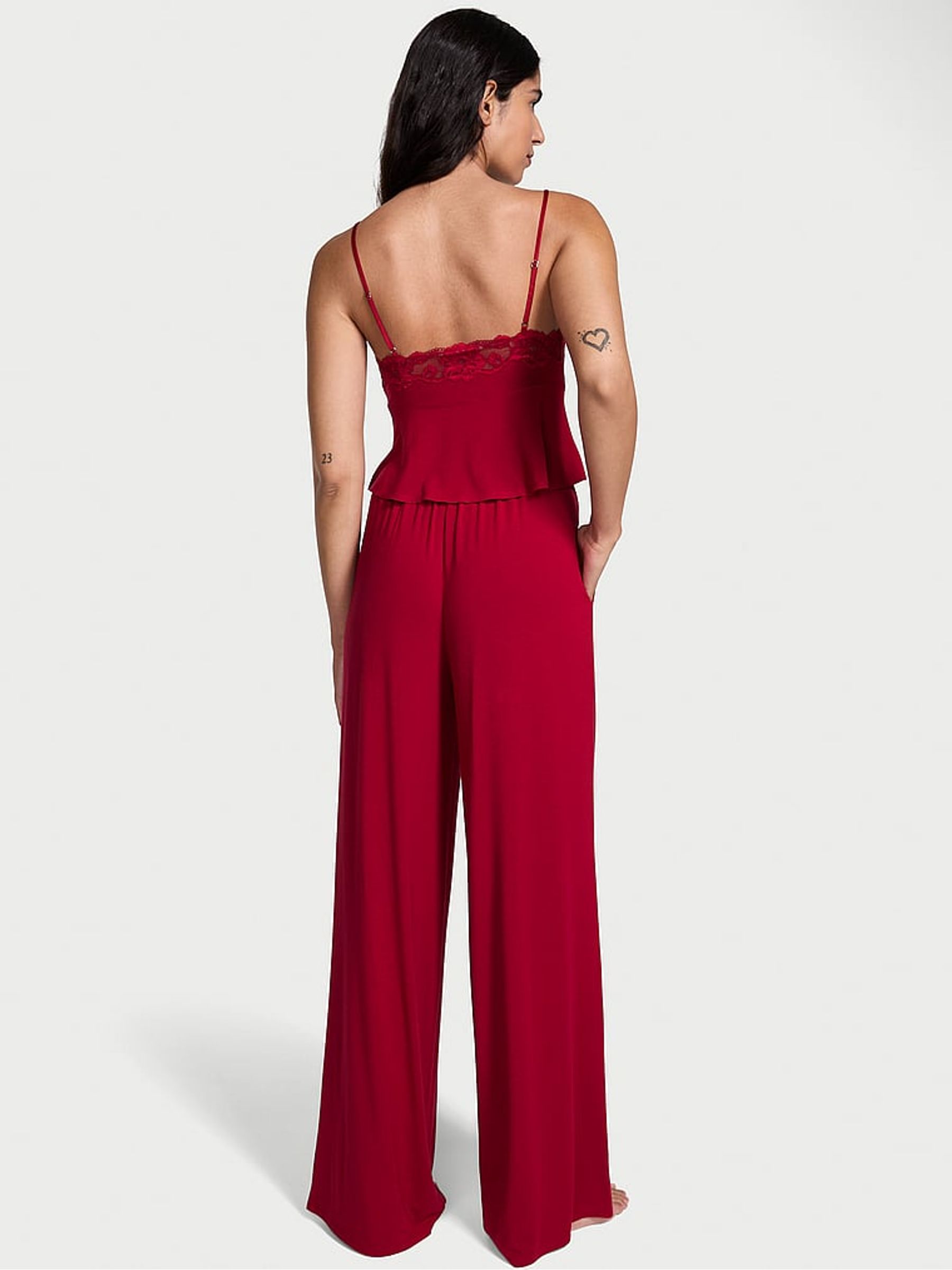 Red Lacquer Modal Lace Trim Cami & Wide Leg Trousers Set - Image 2 of 2
