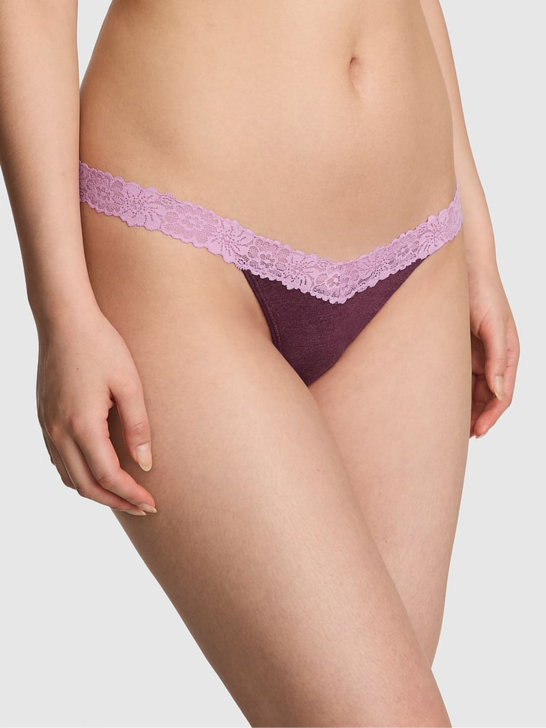 Burgandy Red Thong Cotton Heather Lace Trim Knickers - Image 1 of 2