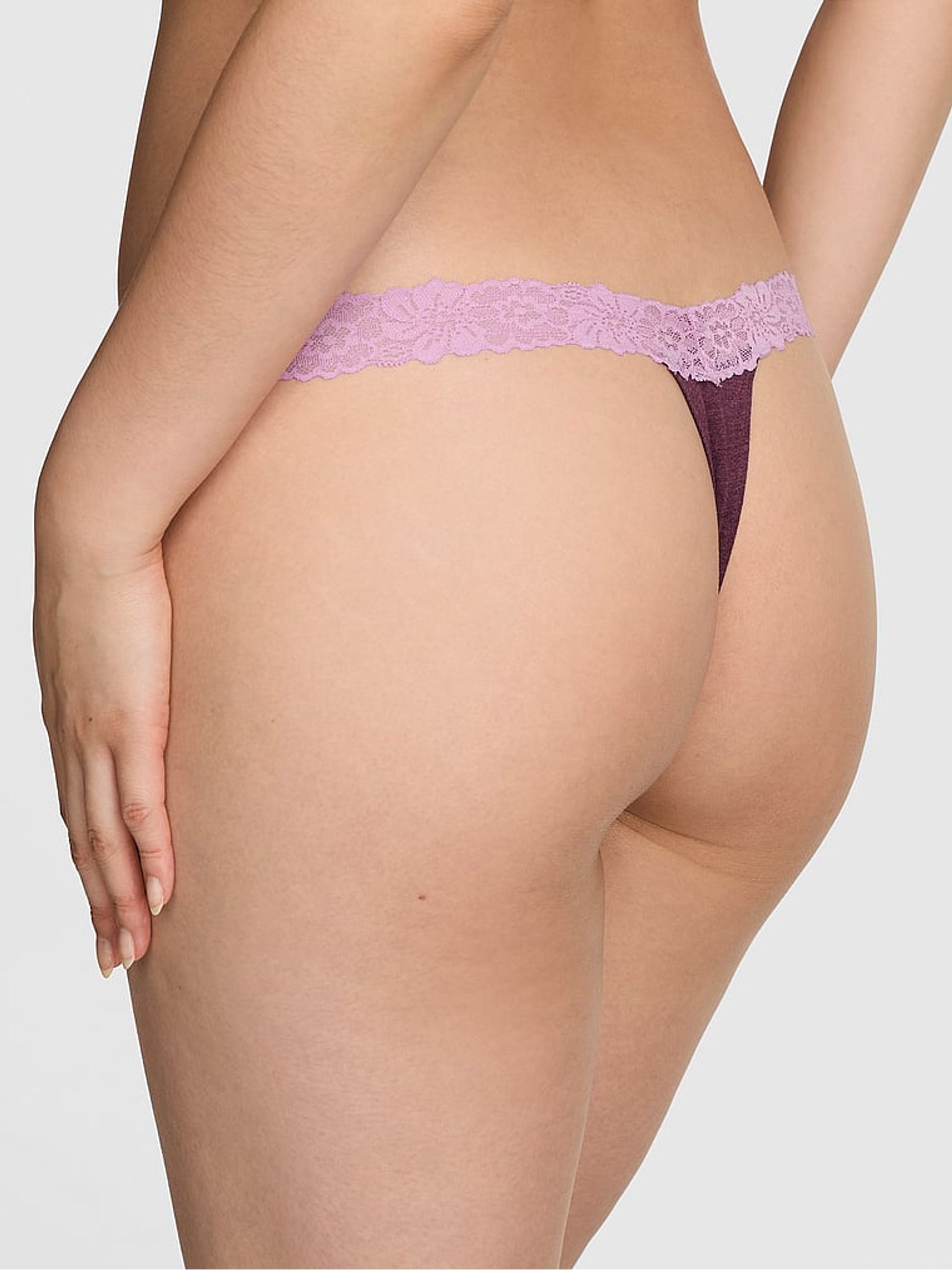 Burgandy Red Thong Cotton Heather Lace Trim Knickers - Image 2 of 2