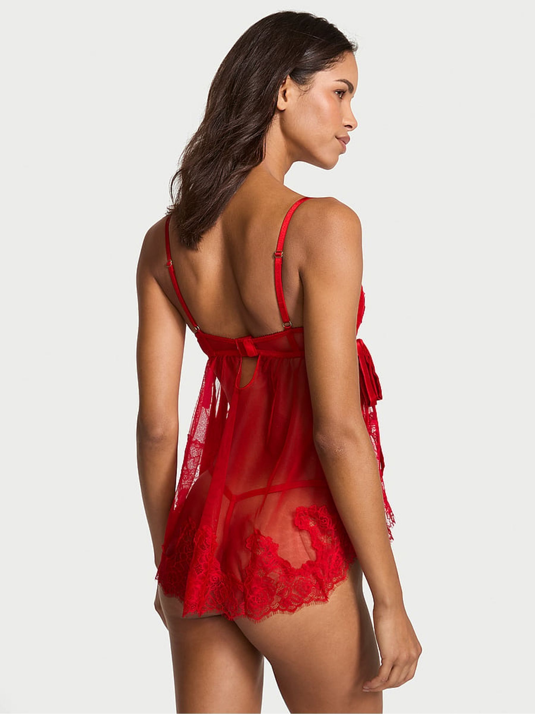 Lipstick Red Sheer Unlined Lace Trim Babydoll Set - Image 2 of 3