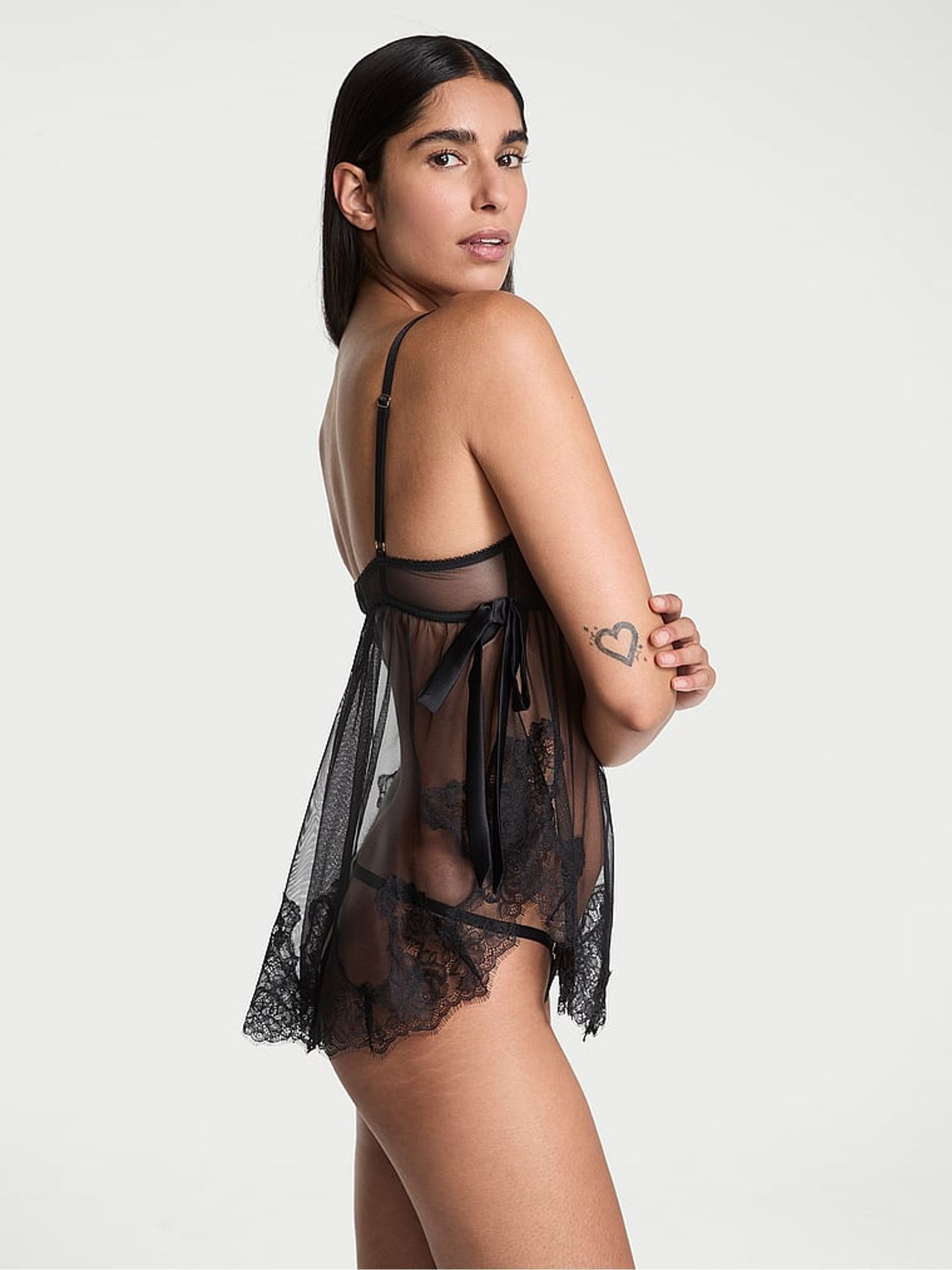 Black Sheer Unlined Lace Trim Babydoll Set - Image 2 of 3