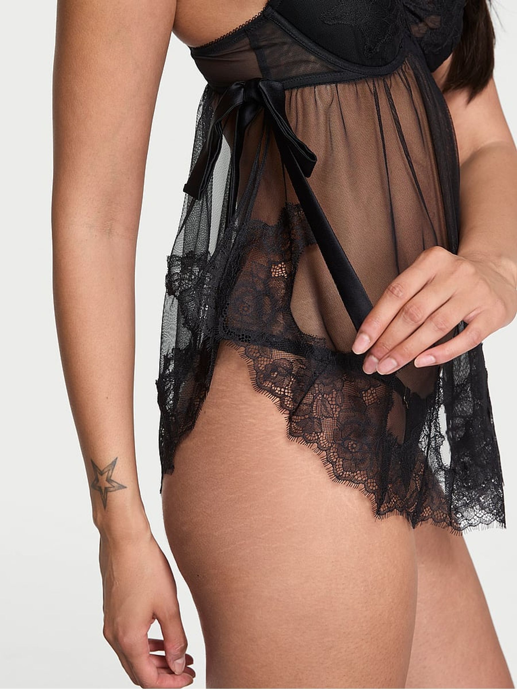 Black Sheer Unlined Lace Trim Babydoll Set - Image 3 of 3