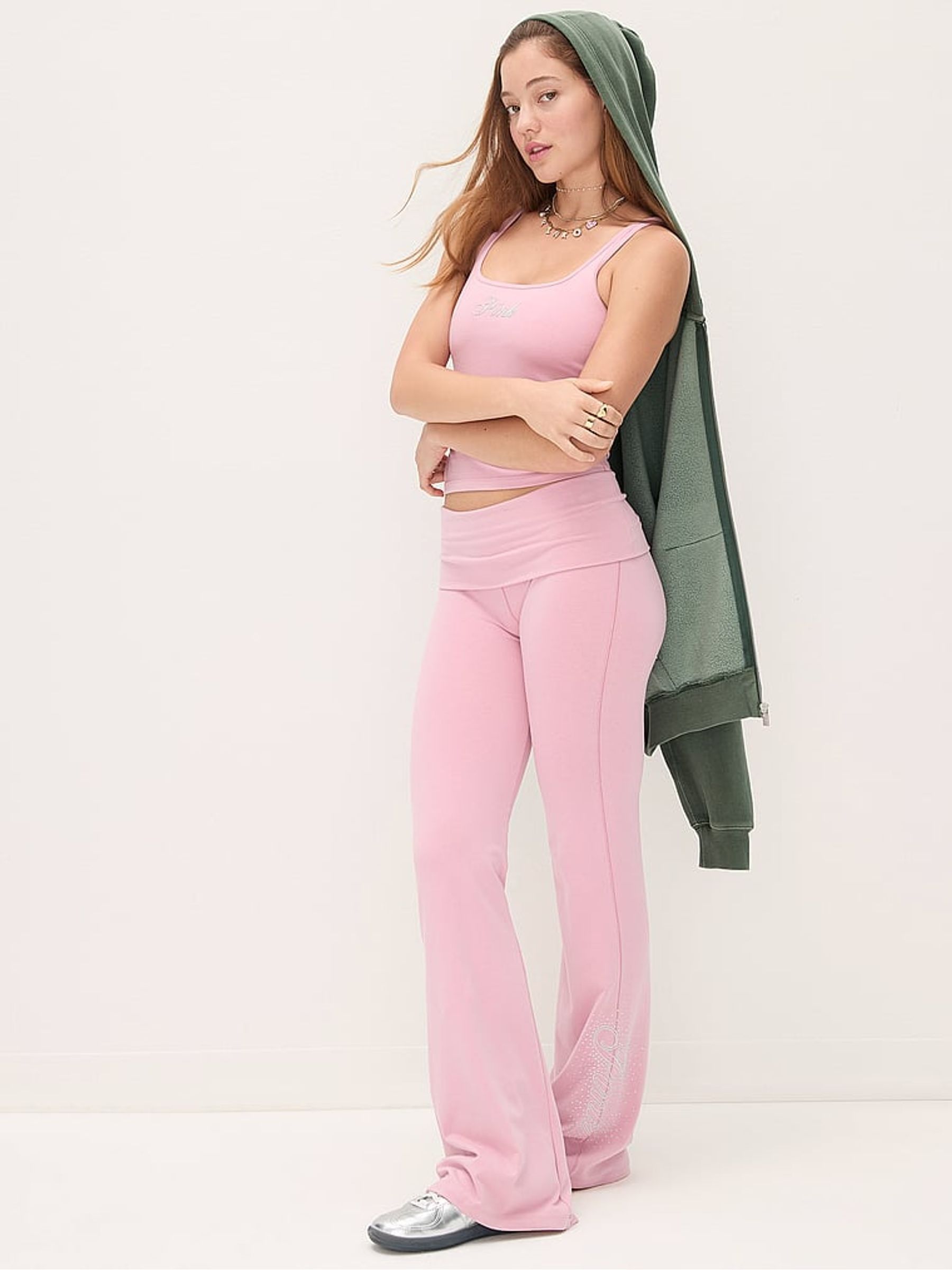 Cameo Pink Bling Foldover Flares Leggings - Image 3 of 4