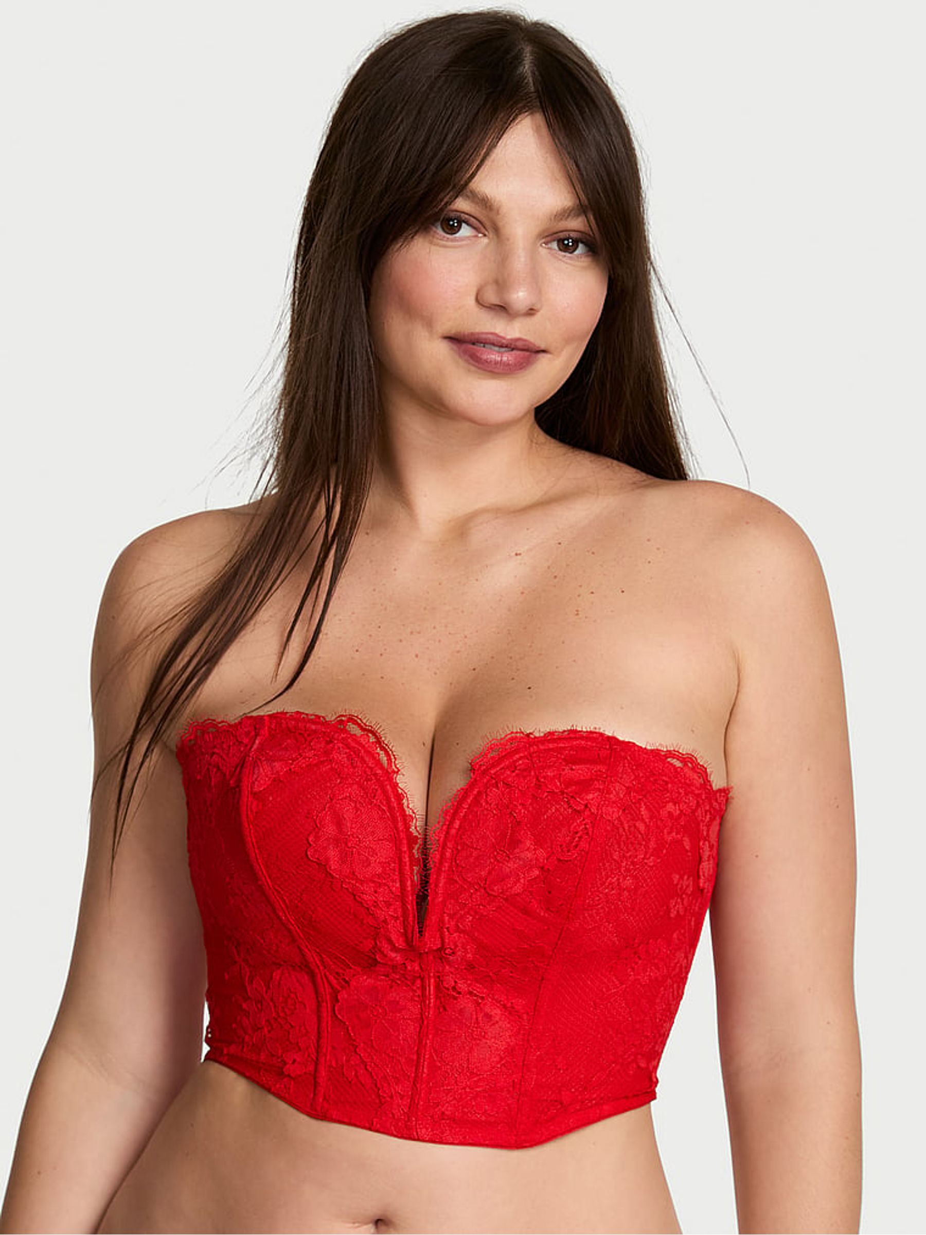 Bright Vermillion Red Lace Deep V-Cropped Corset Top - Image 1 of 2