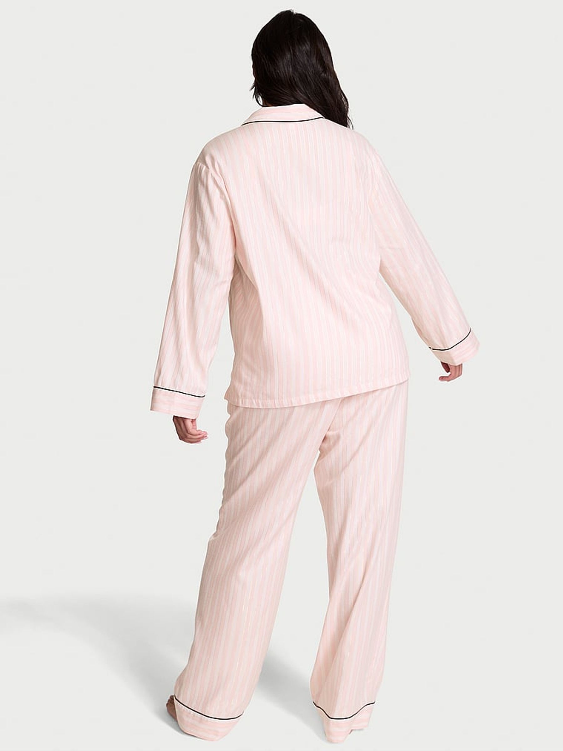 Pretty Blossom Pink Stripe Collar Embroidery Flannel Long Pyjamas Set - Image 2 of 2 Pretty Blossom Pink Stripe Collar Embroidery Flannel Long Pyjamas Set - Image 2 of 2