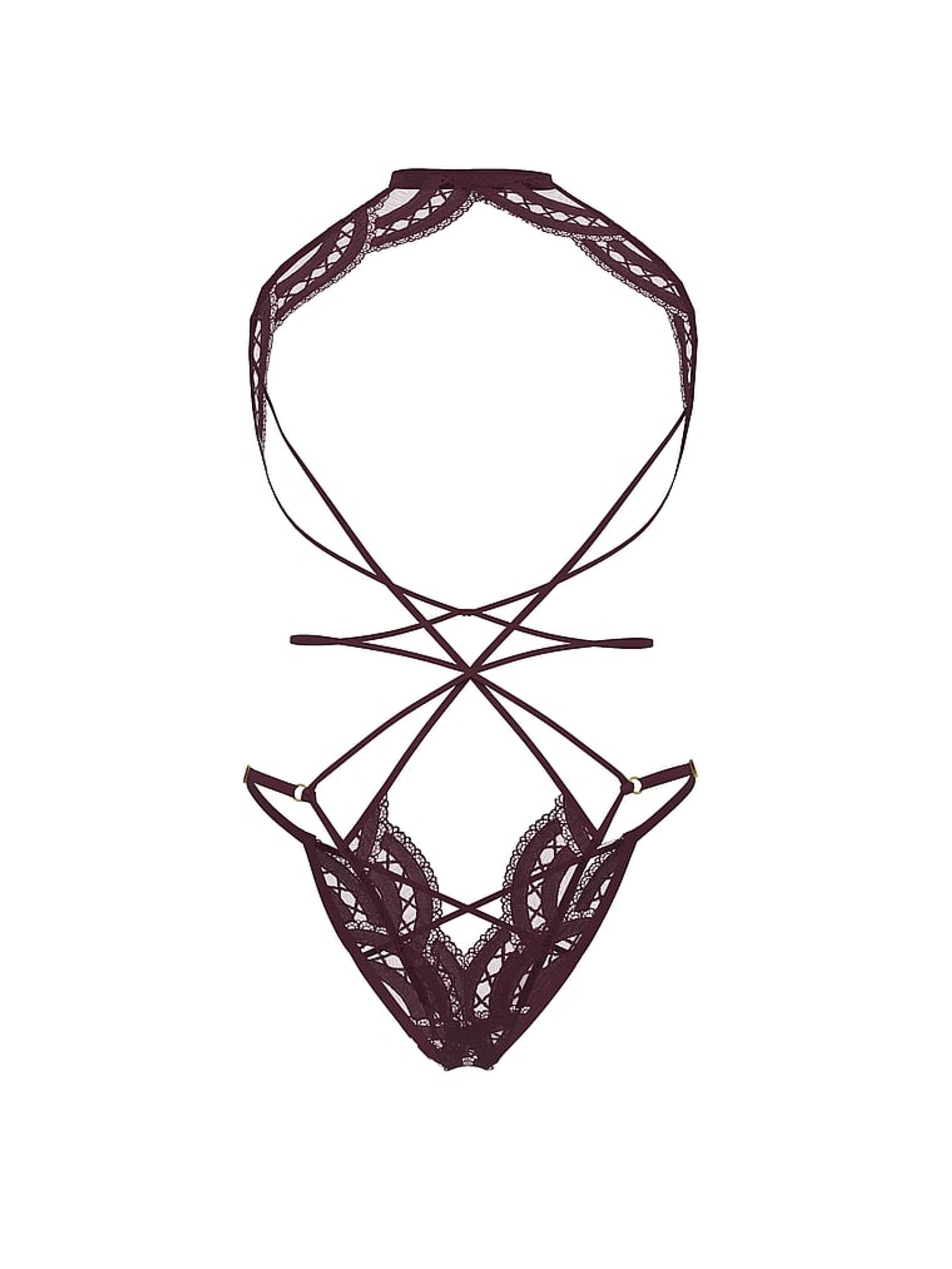 Winter Wine Red Lace Embroidery Crotchless Open Cup Bodysuit - Image 3 of 4
