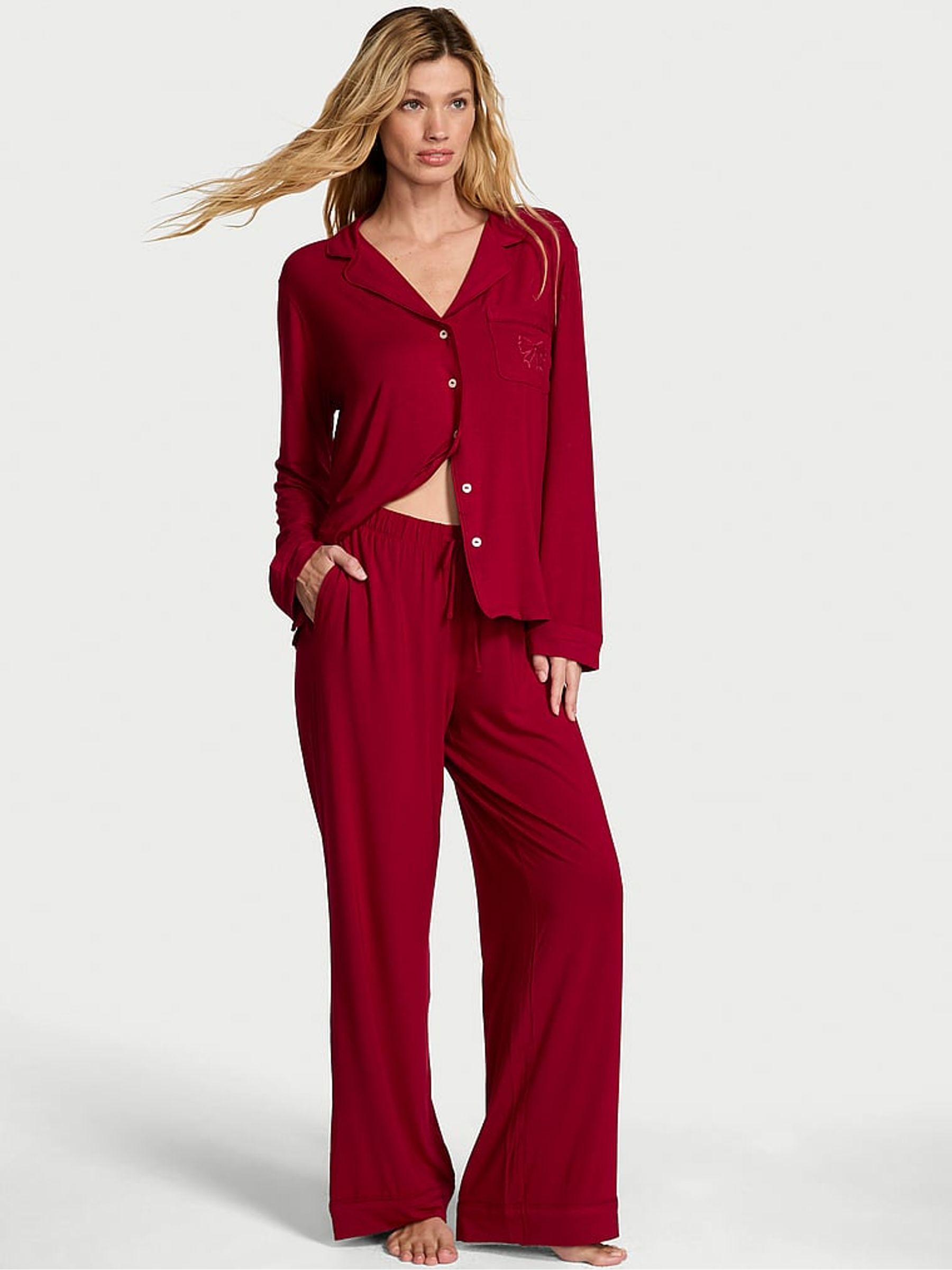 Red Lacquer Modal Bow Long Pyjamas Set - Image 1 of 2 Red Lacquer Modal Bow Long Pyjamas Set - Image 1 of 2