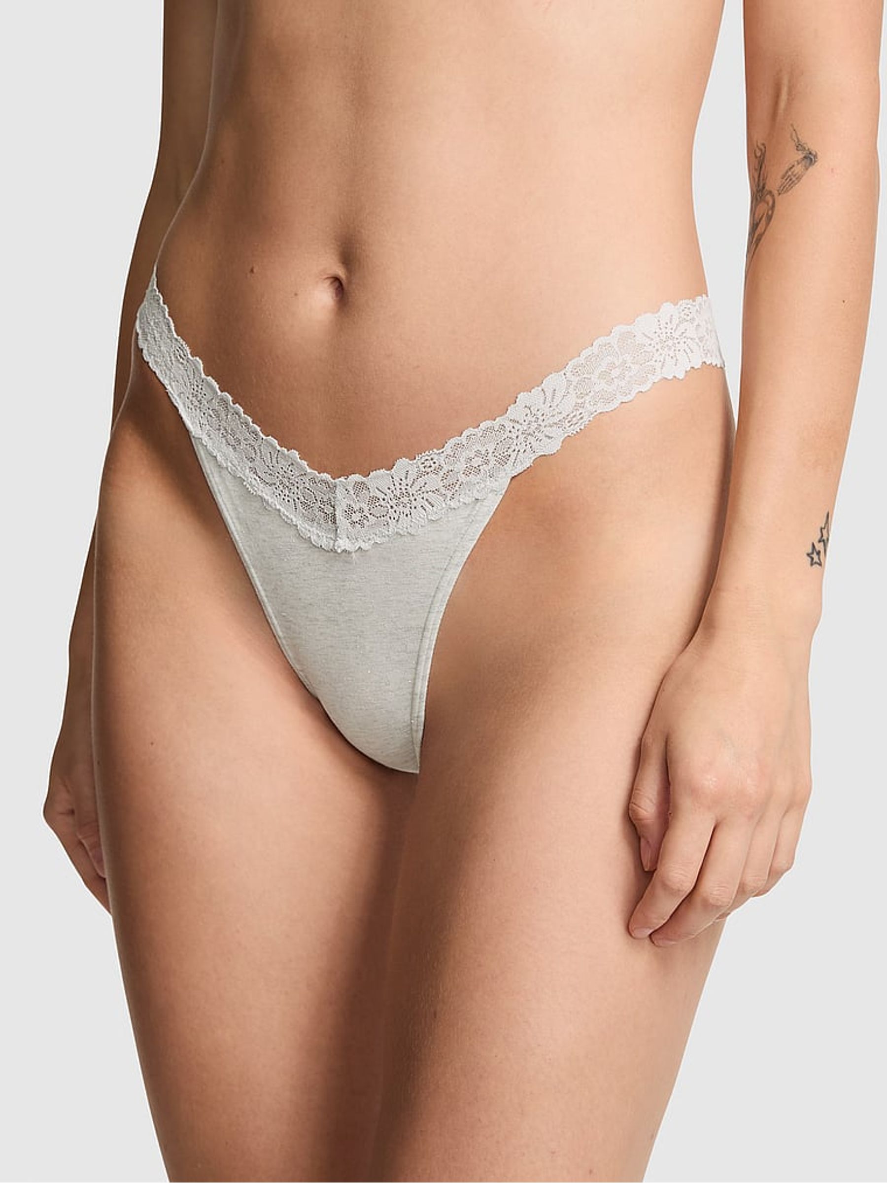 Snow White Thong Cotton Heather Lace Trim Knickers - Image 1 of 2