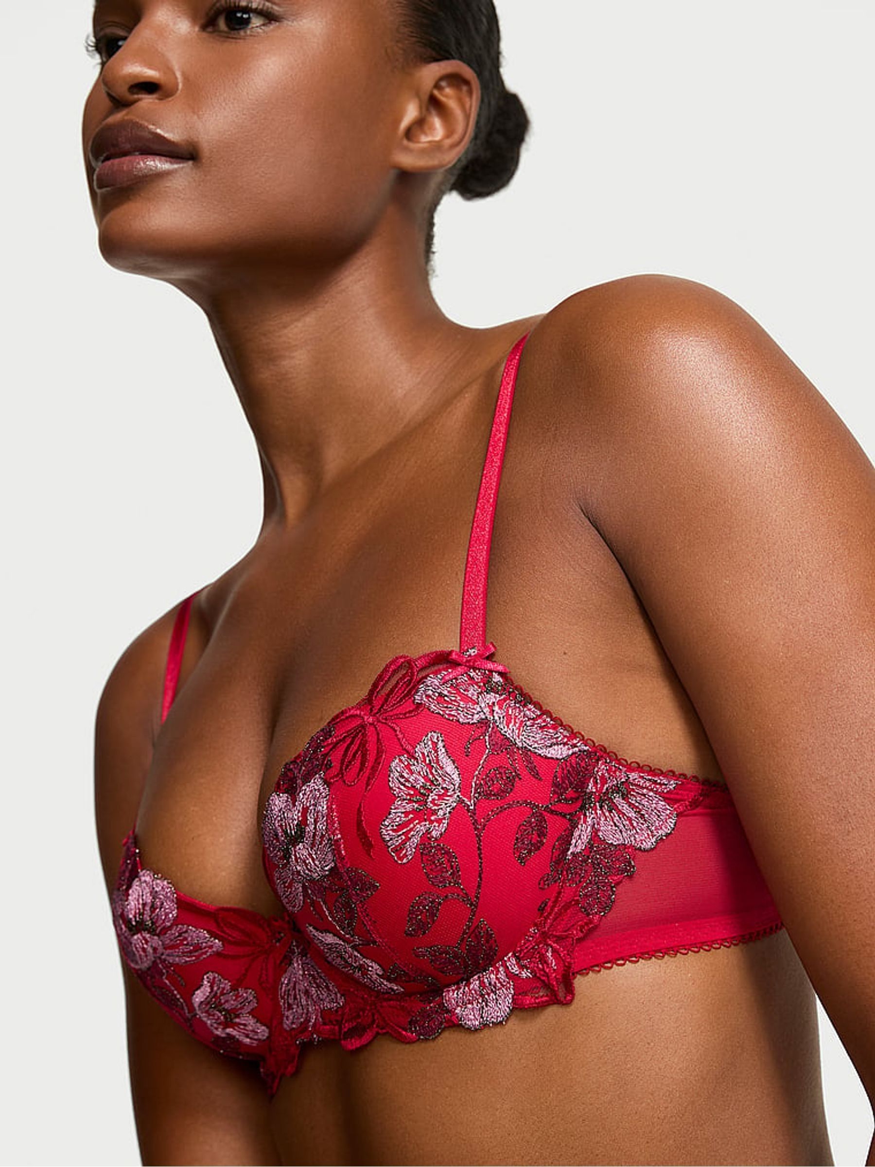 Red Lightly Lined Demi Beautiful Bows Embroidery Bra - Image 3 of 3