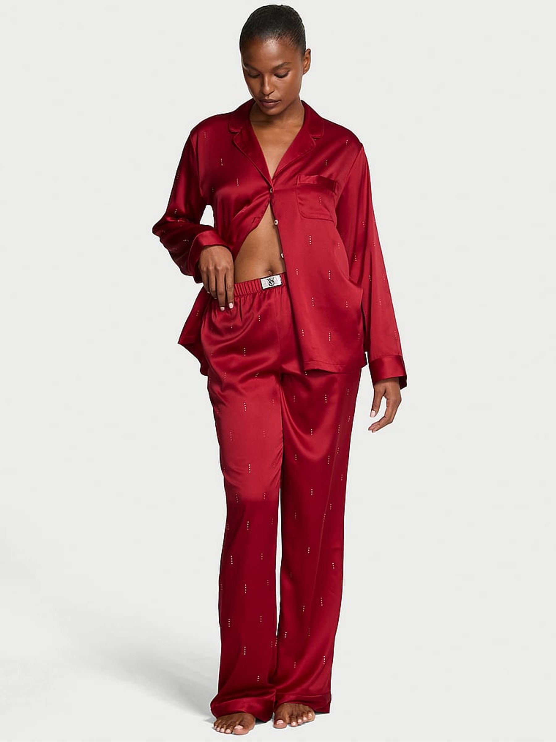 Red Waterfall Sequin Satin Shine Long Pyjamas Set - Image 1 of 2