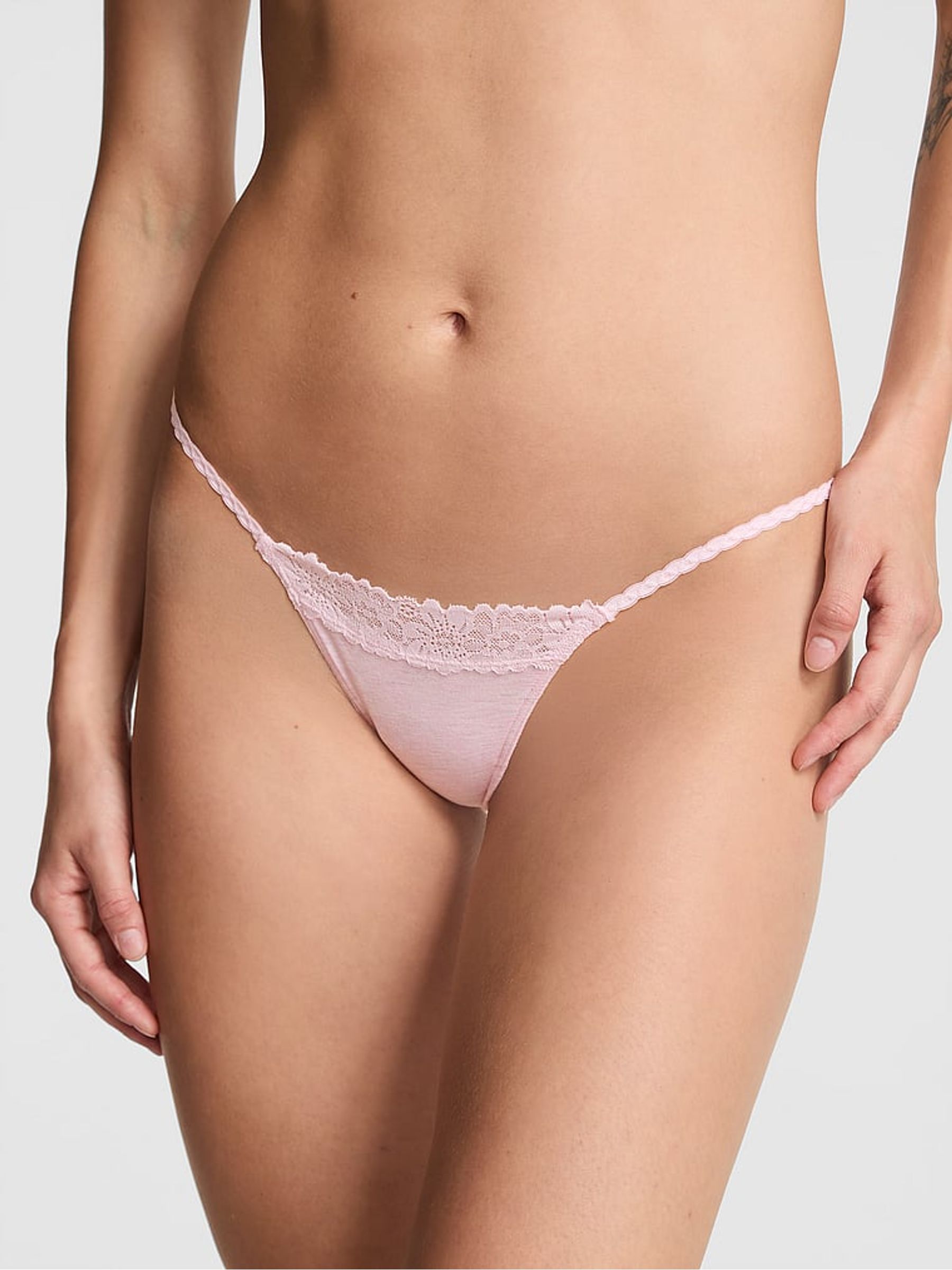 Petal Pink Mini Scoop Thong Cotton Heather Lace Trim Knickers - Image 1 of 3