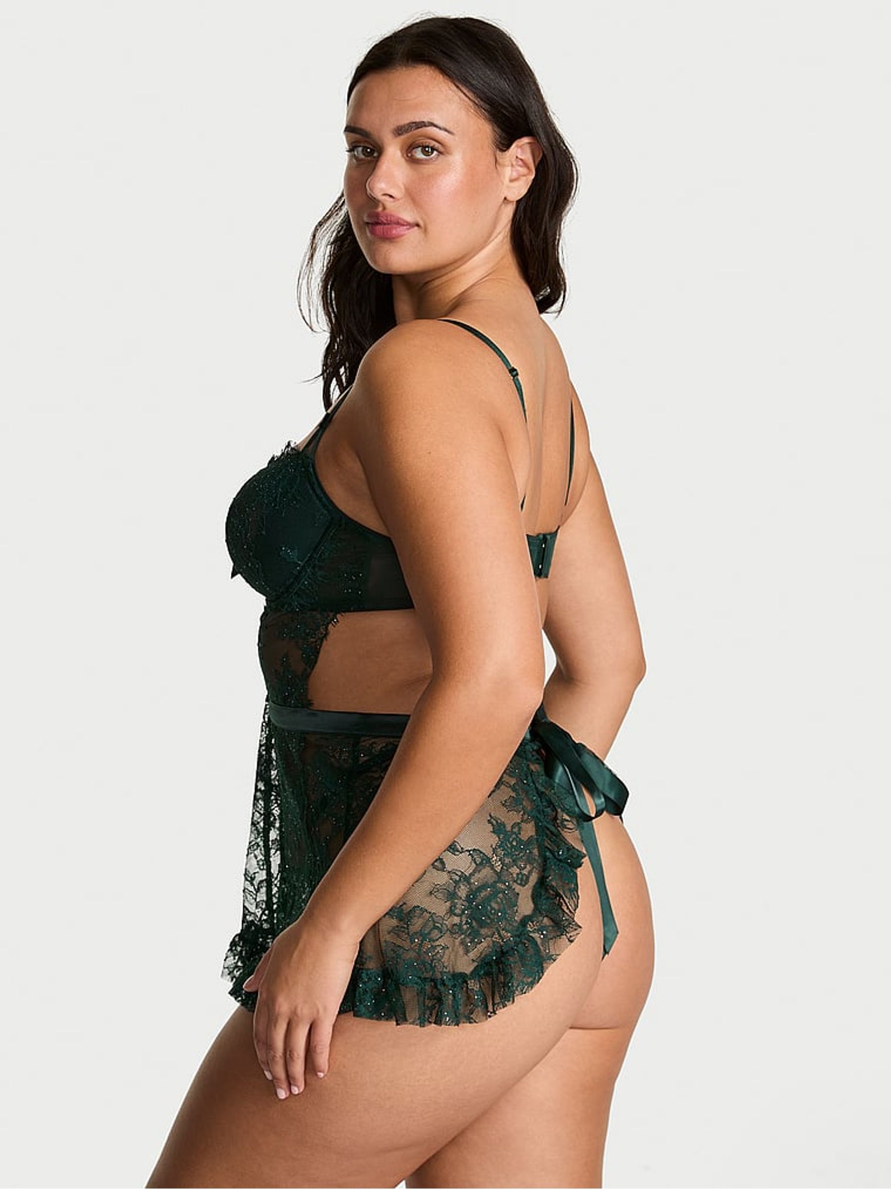 Cilantro Green Lace Shimmer Apron Babydoll Set - Image 2 of 3