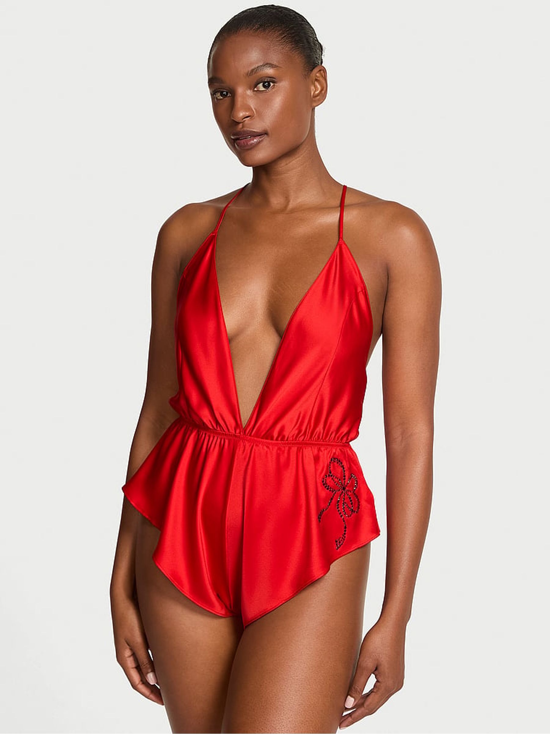 Bright Vermillion Red Satin Sparkle Bow Flutter Playsuit - Image 2 of 3