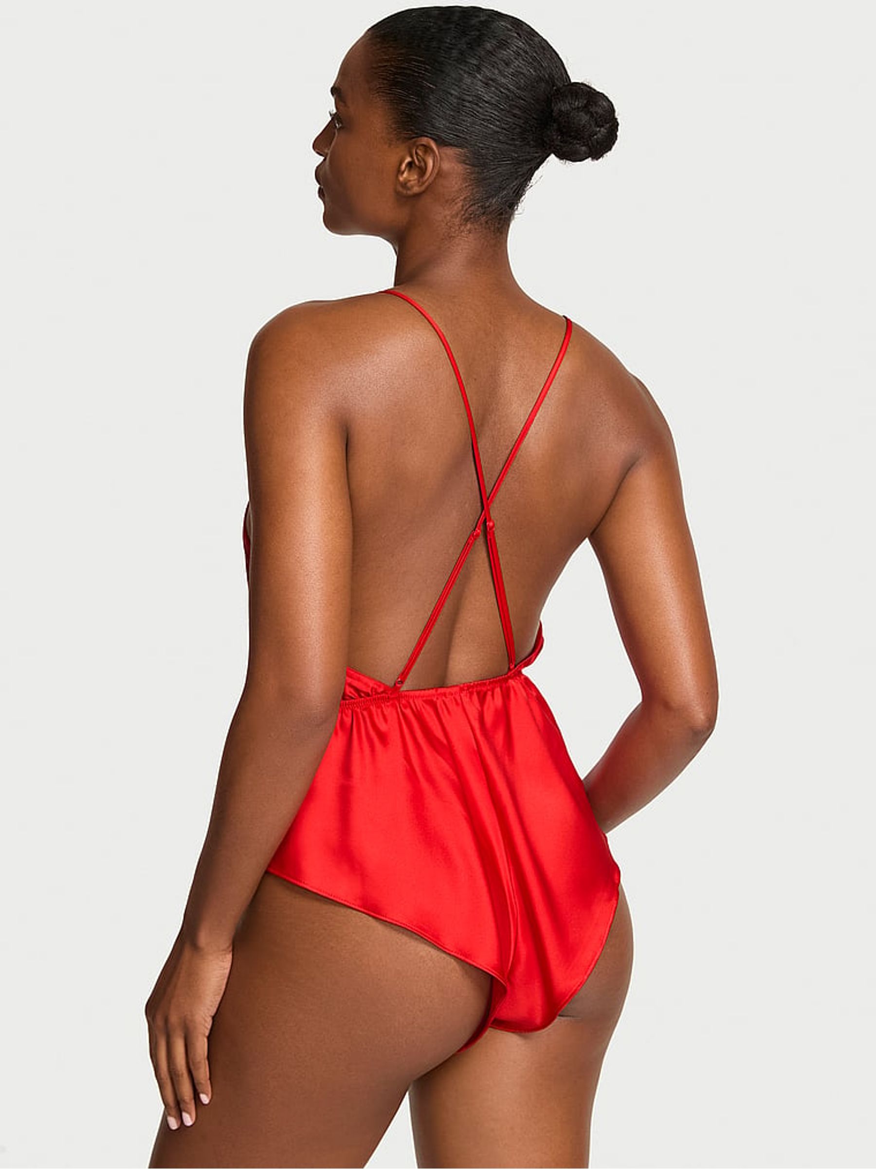 Bright Vermillion Red Satin Sparkle Bow Flutter Playsuit - Image 3 of 3