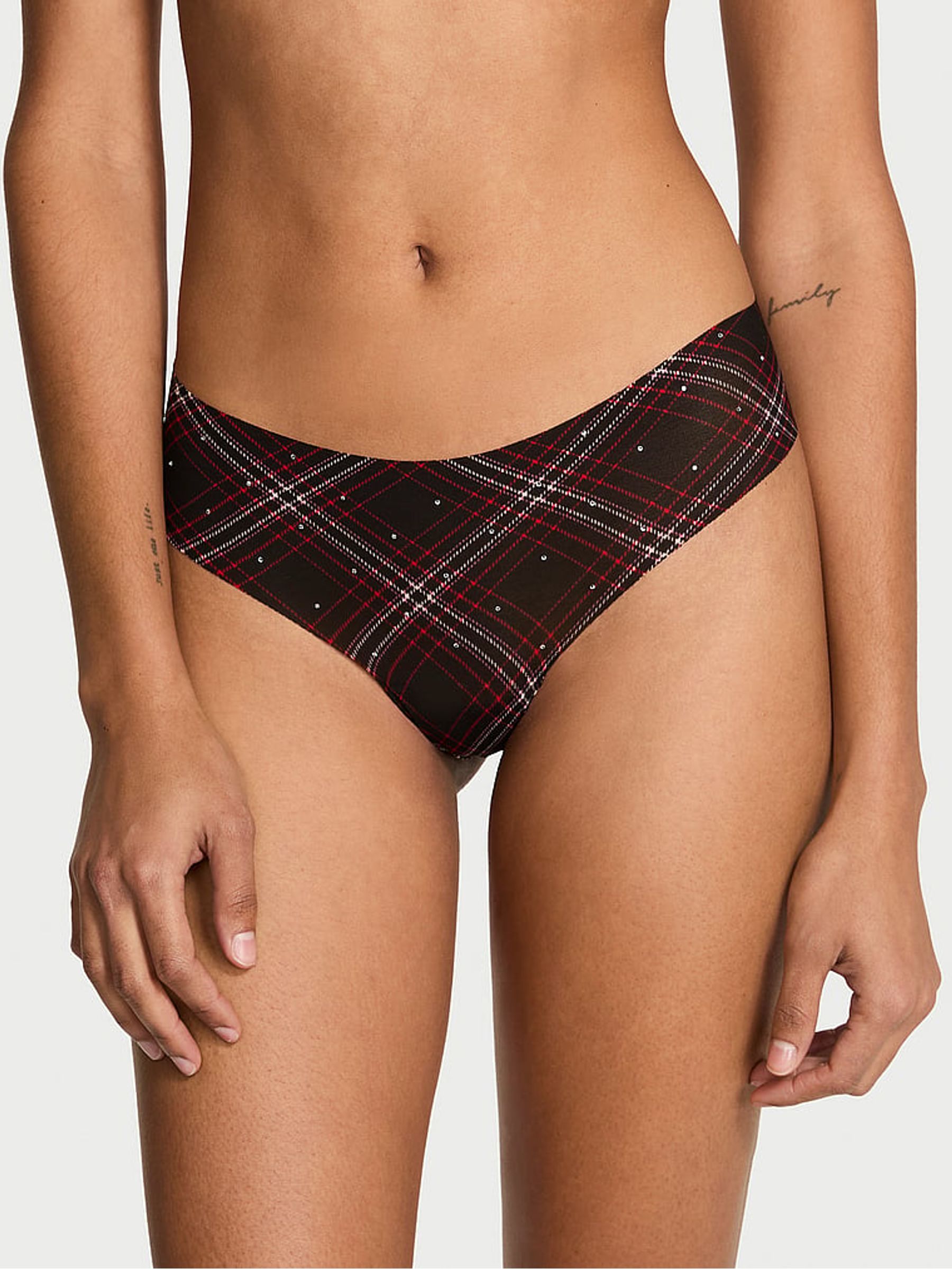 Black Tartan Thong Shine Mesh Knickers - Image 1 of 2