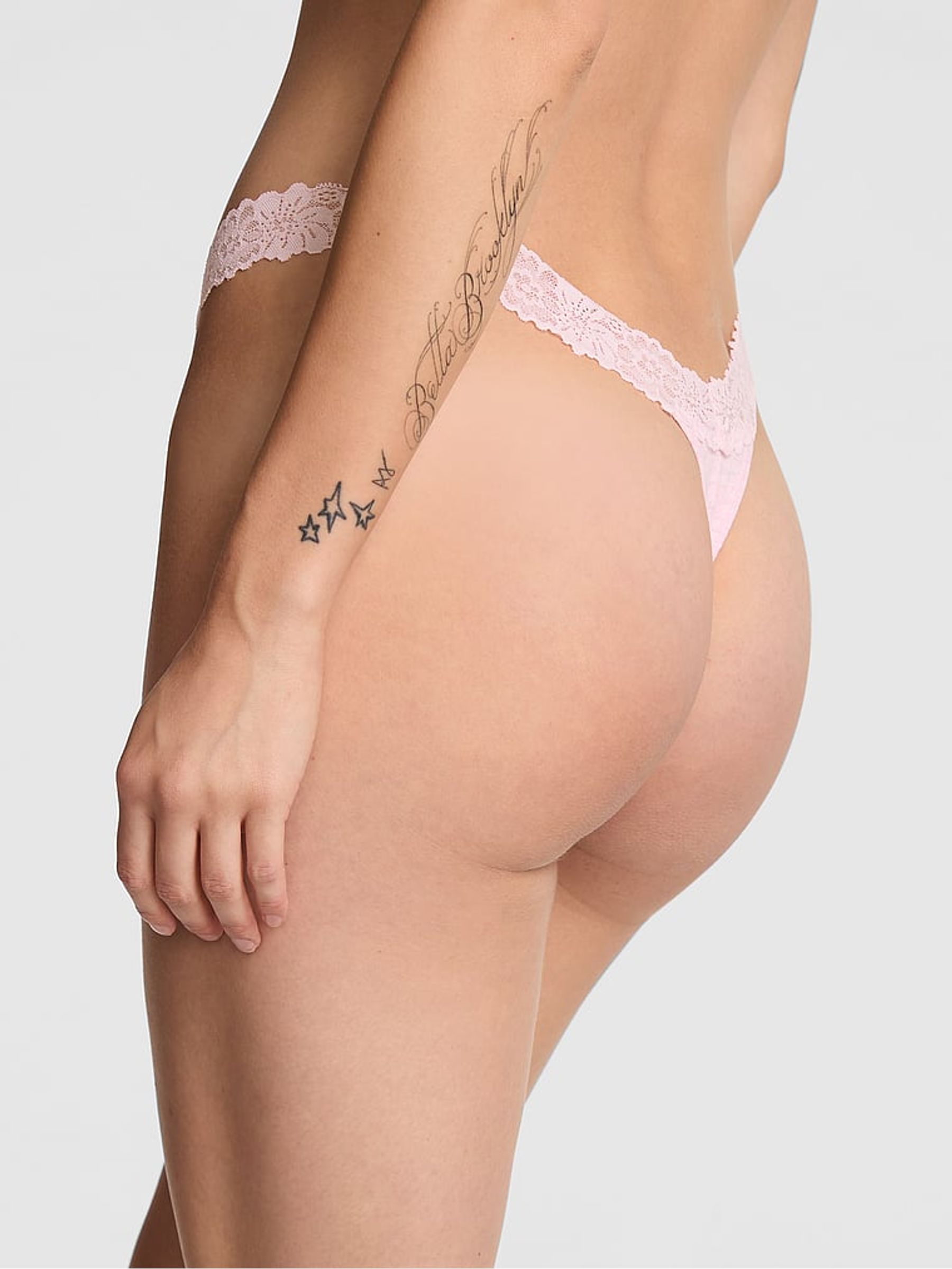 Petal Pink Thong Cotton Heather Lace Trim Knickers - Image 2 of 2