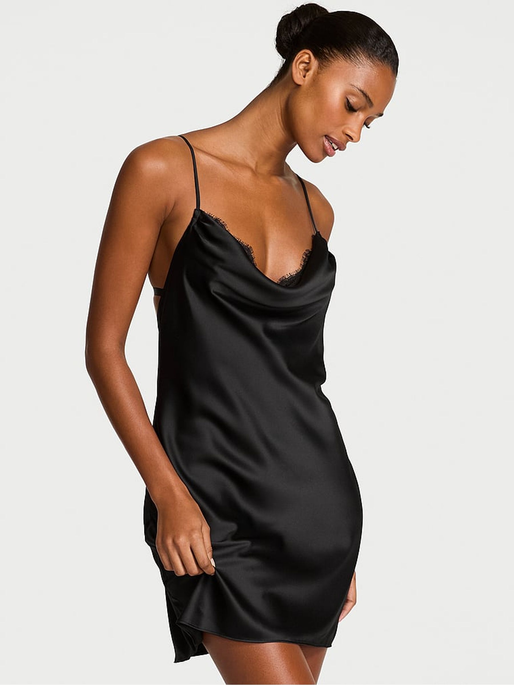 Black Satin Lace Trim Draped Slip Dress - Image 1 of 2 Black Satin Lace Trim Draped Slip Dress - Image 1 of 2