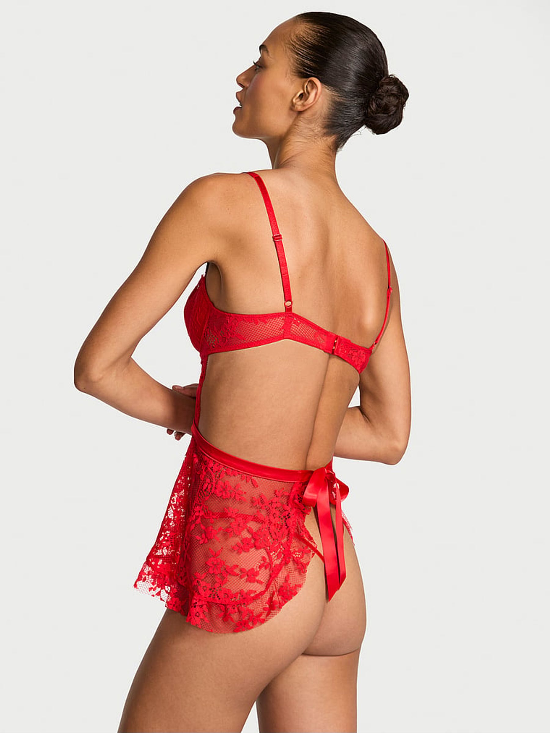 Bright Vermillion Red Twinkle Apron Lace Babydoll Set - Image 2 of 3 Bright Vermillion Red Twinkle Apron Lace Babydoll Set - Image 2 of 3