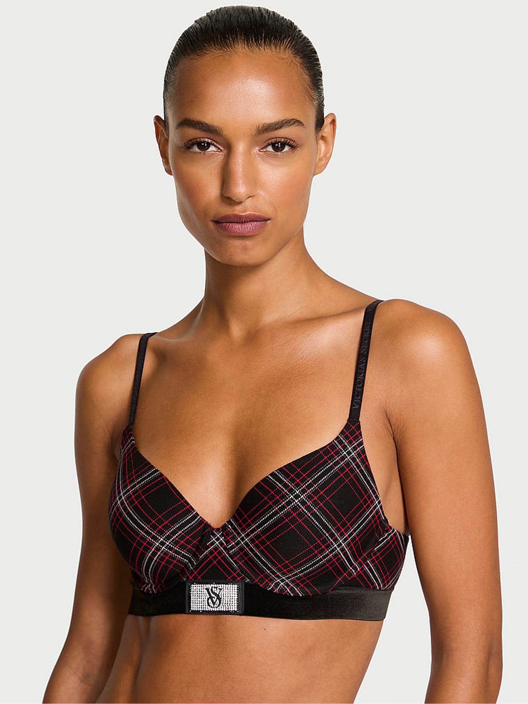 Black Tartan Lightly Lined Full Cup Logo Shine Patch Velvet Bra - Image 1 of 2