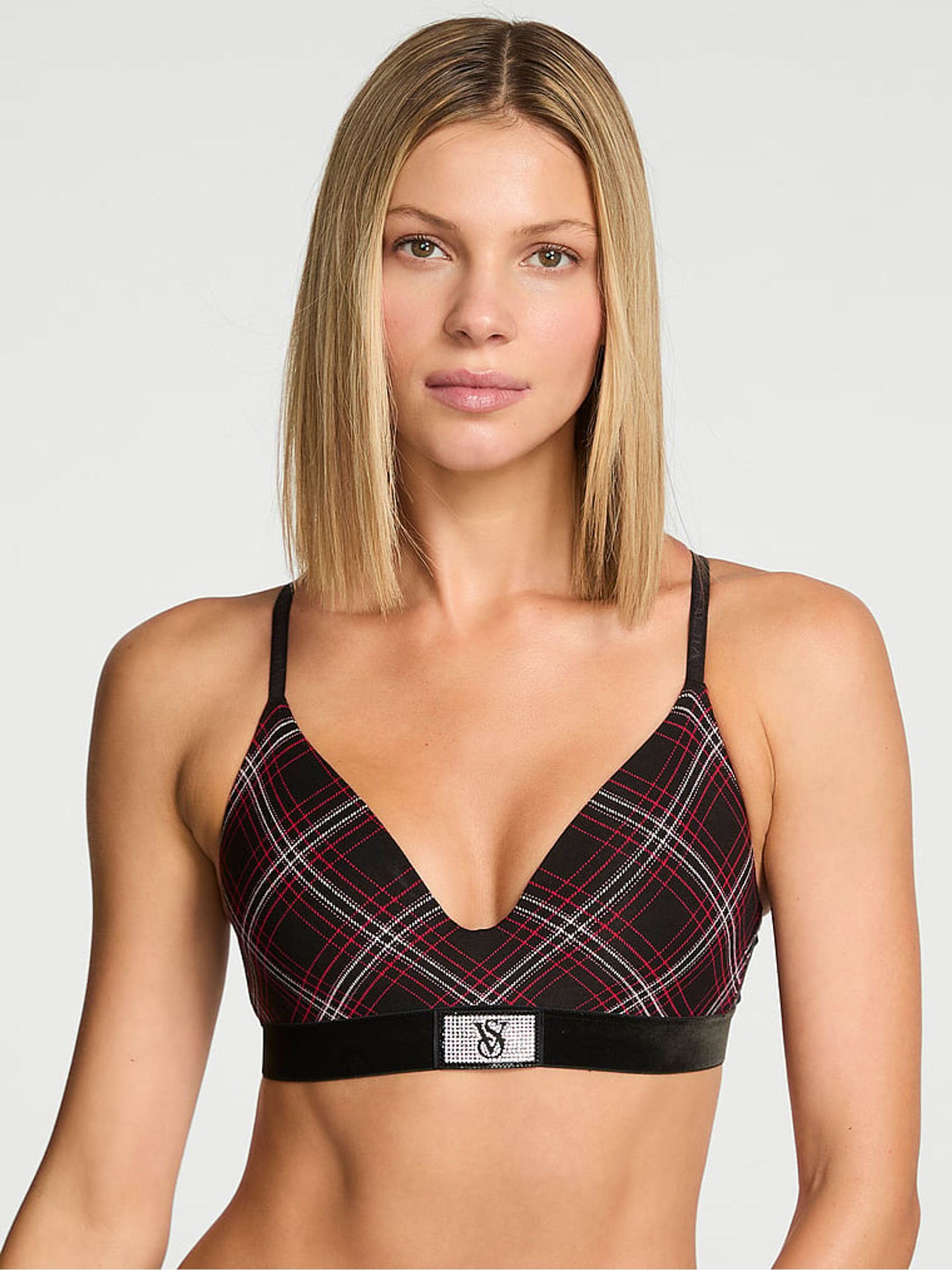 Black Tartan Non Wired Lightly Lined Logo Shine Patch Velvet Bra - Image 1 of 3