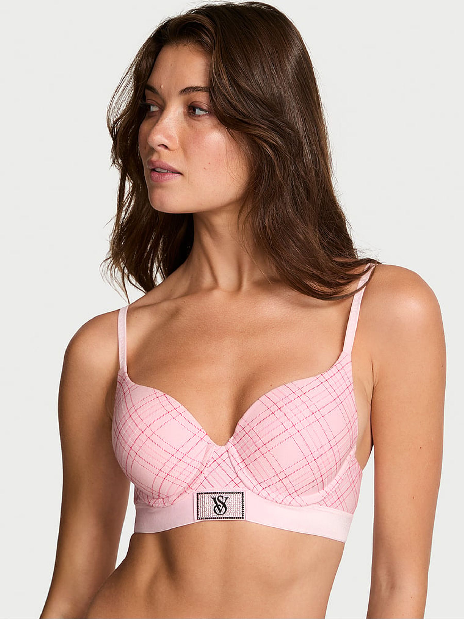 Pink Tartan Full Cup Push Up Logo Shine Patch Velvet Bra - Image 1 of 3