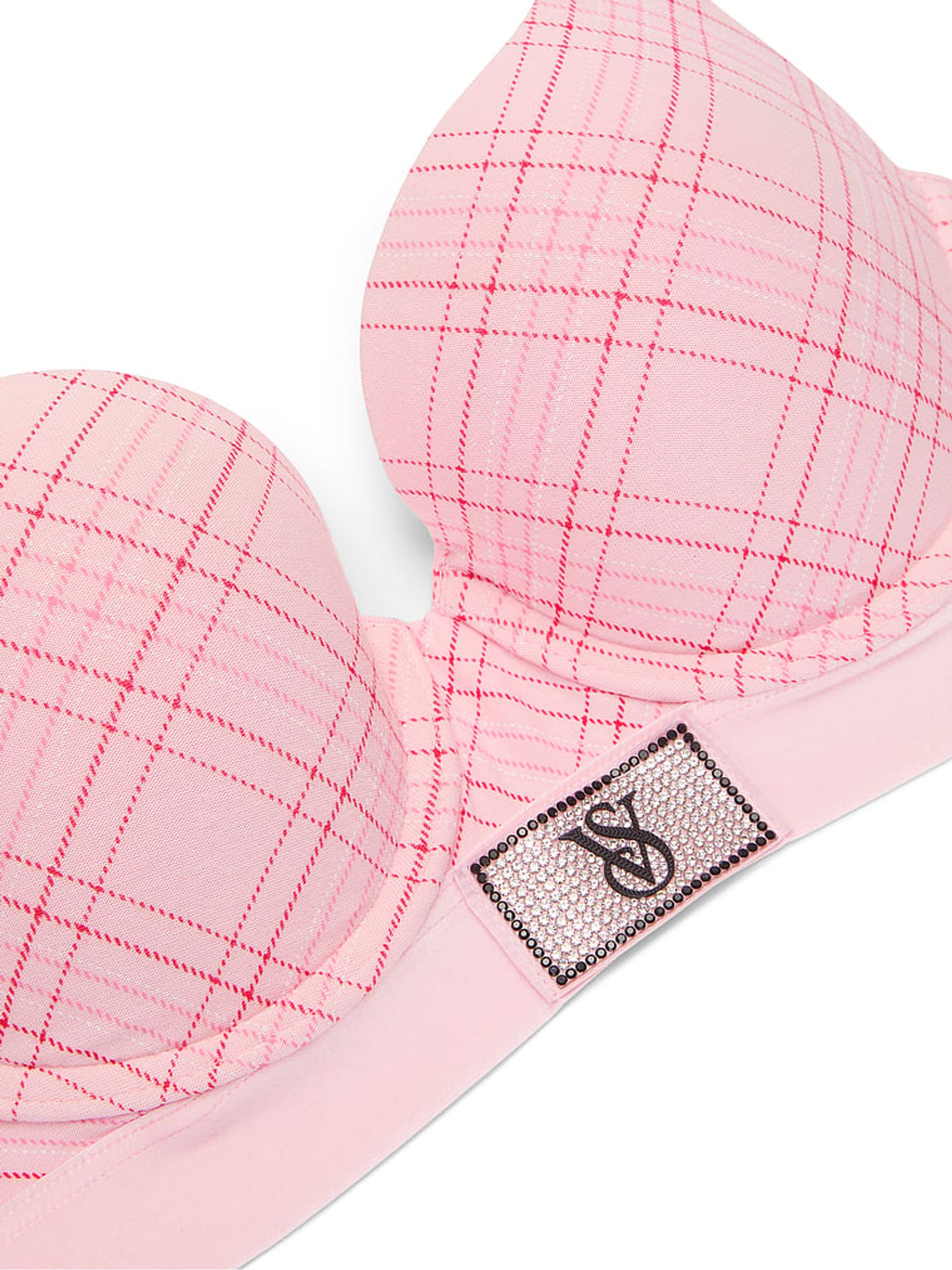 Pink Tartan Full Cup Push Up Logo Shine Patch Velvet Bra - Image 3 of 3