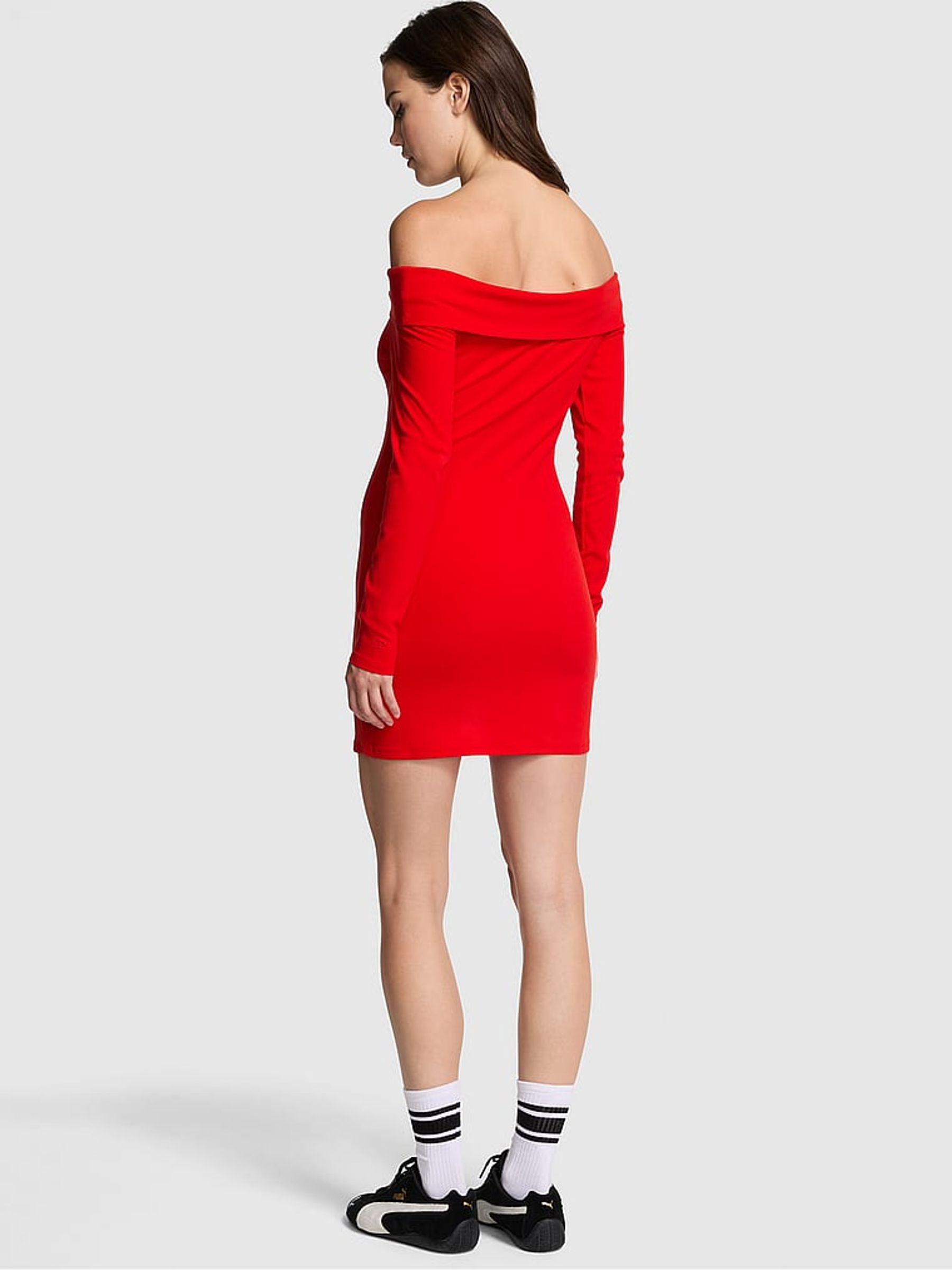 Bright Vermillion Red Off The Shoulder Ribbed Dress - Image 2 of 2