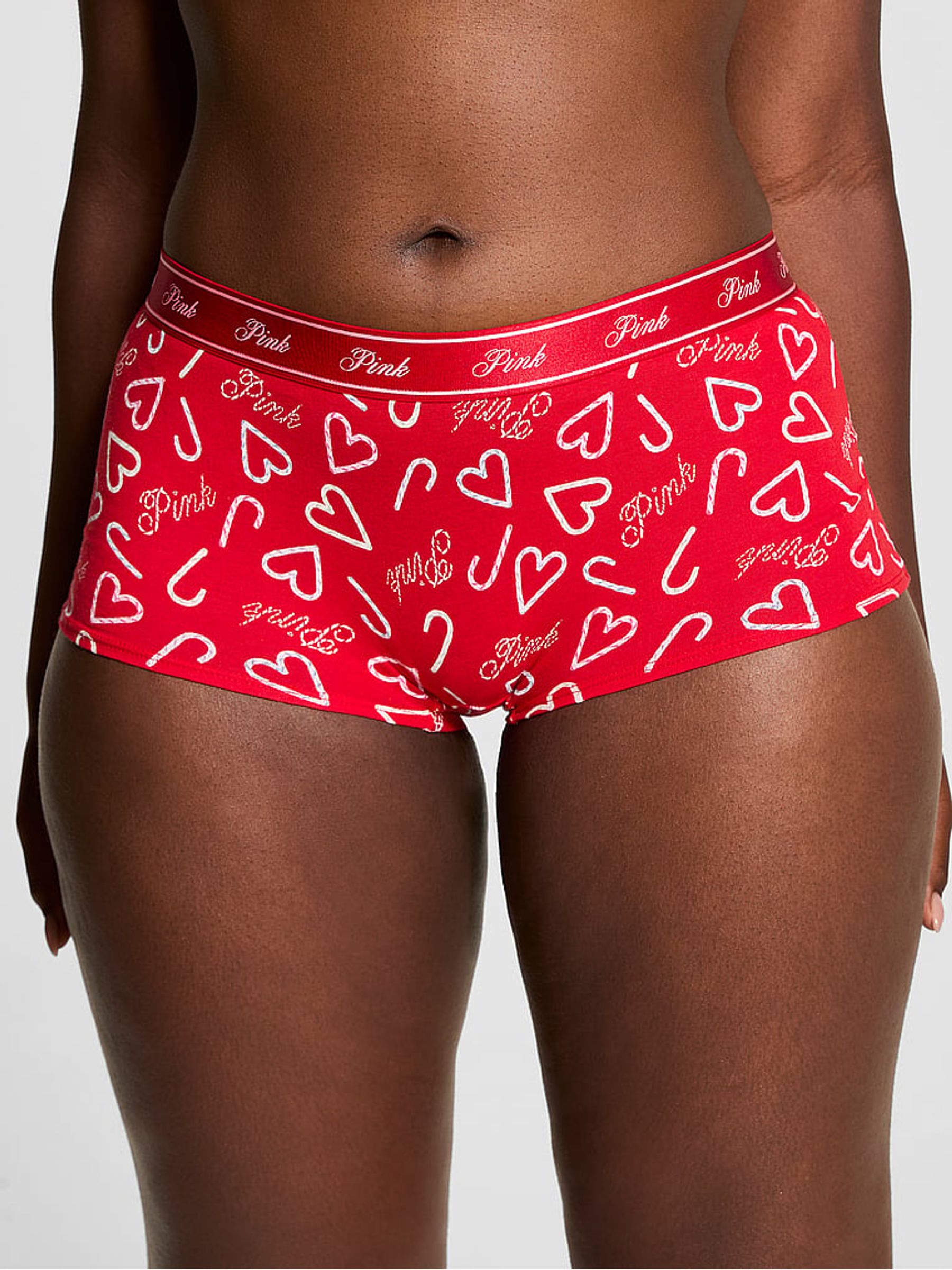 Red Candy Cane Print Boyshort Cotton Logo Knickers - Image 1 of 3 Red Candy Cane Print Boyshort Cotton Logo Knickers - Image 1 of 3